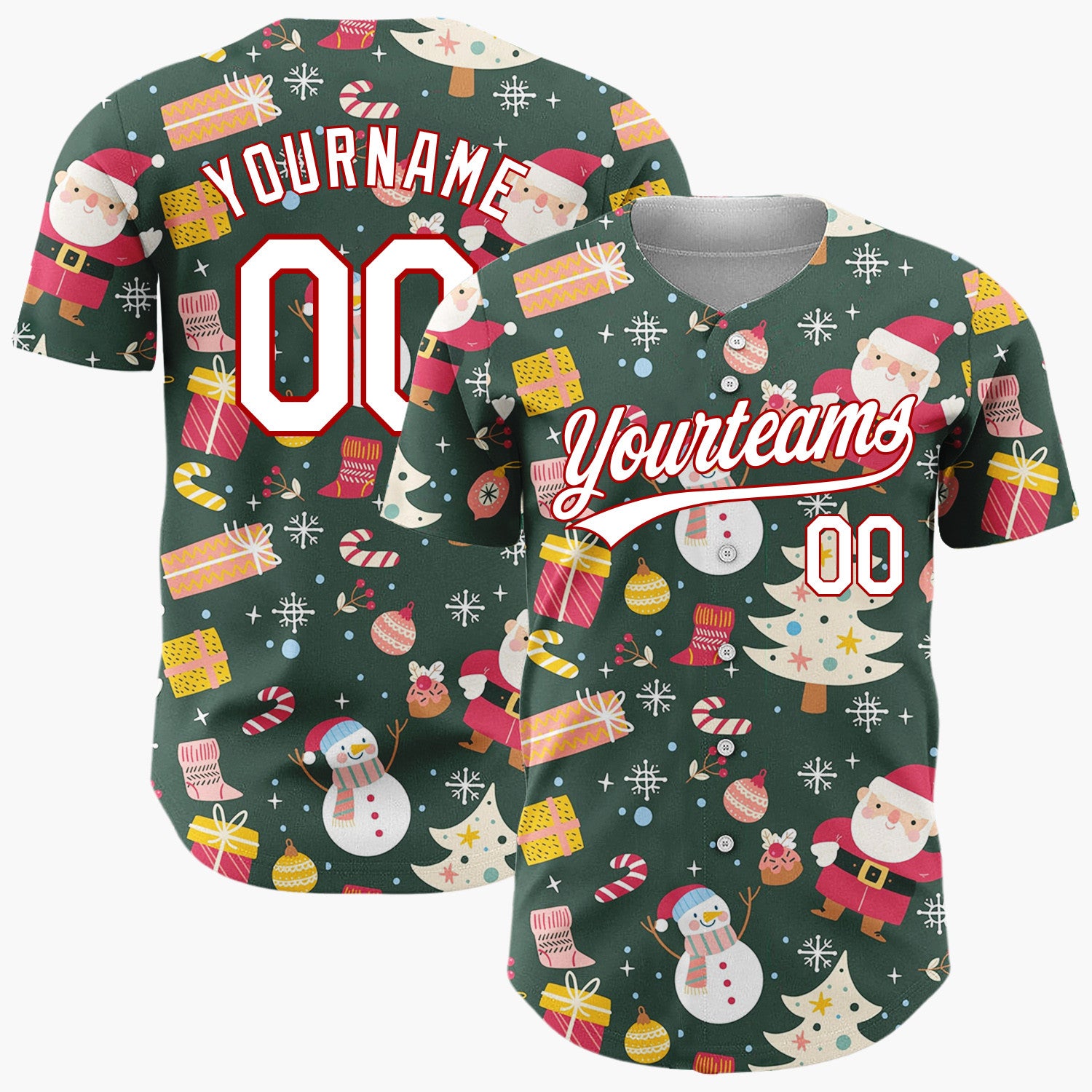 Custom Dark Green Red Santa Snowman Festive Pattern Christmas Baseball Jersey