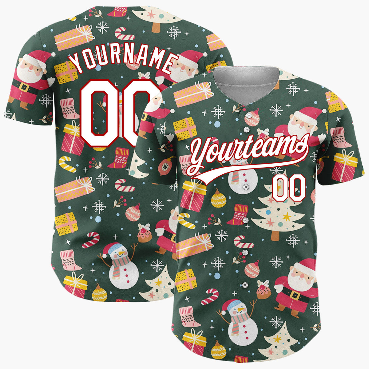Custom Dark Green Red Santa Snowman Festive Pattern Christmas Baseball Jersey
