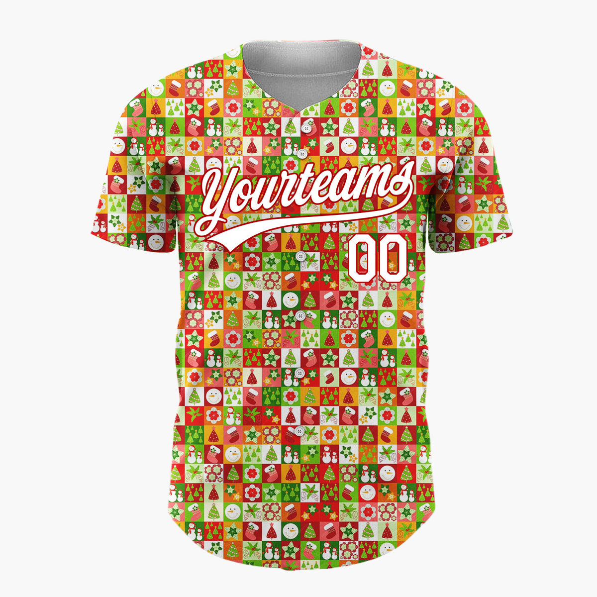 Custom Green Red White Snowmen Stars And Trees Christmas Stripe Collage Pattern Christmas Baseball Jersey