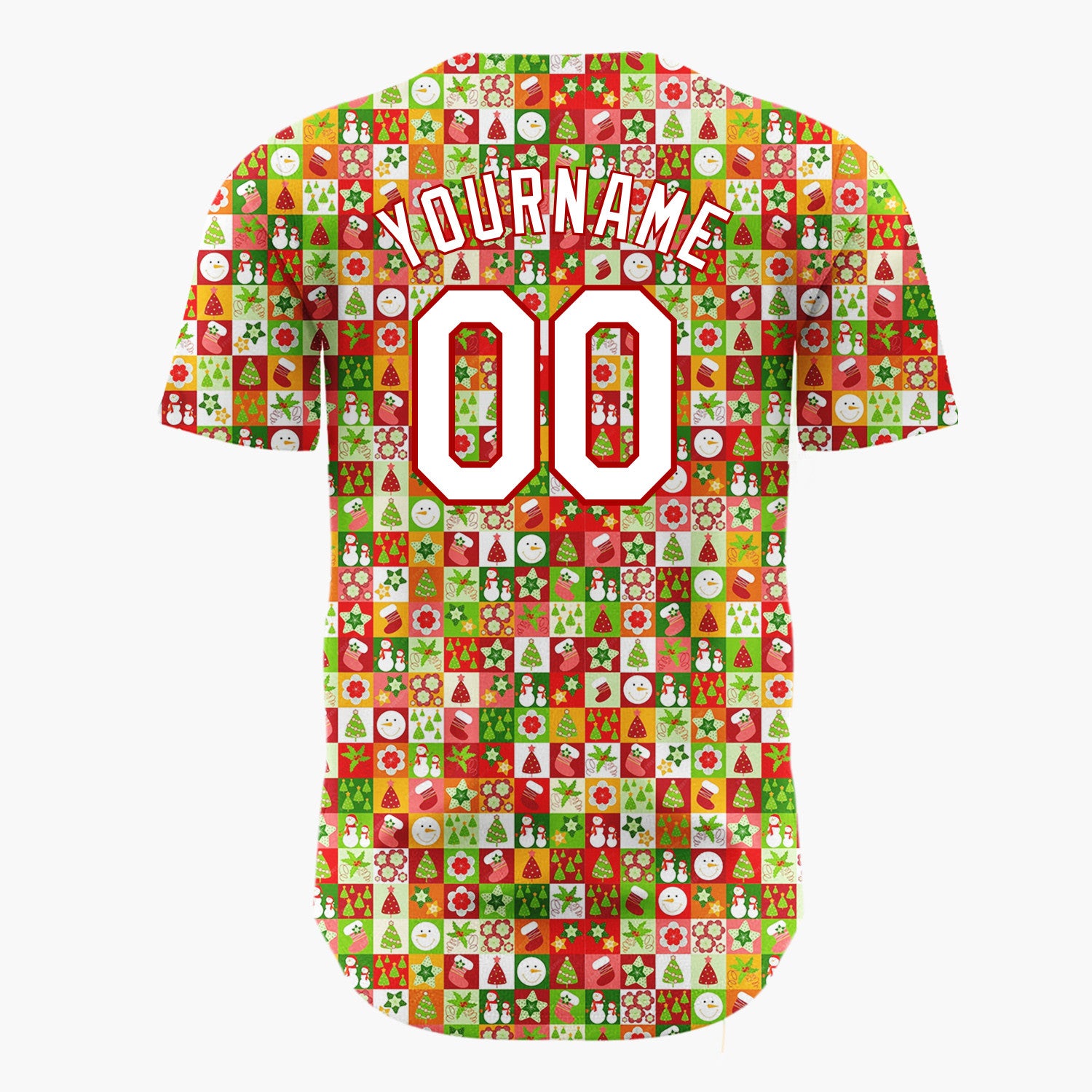 Custom Green Red White Snowmen Stars And Trees Christmas Stripe Collage Pattern Christmas Baseball Jersey