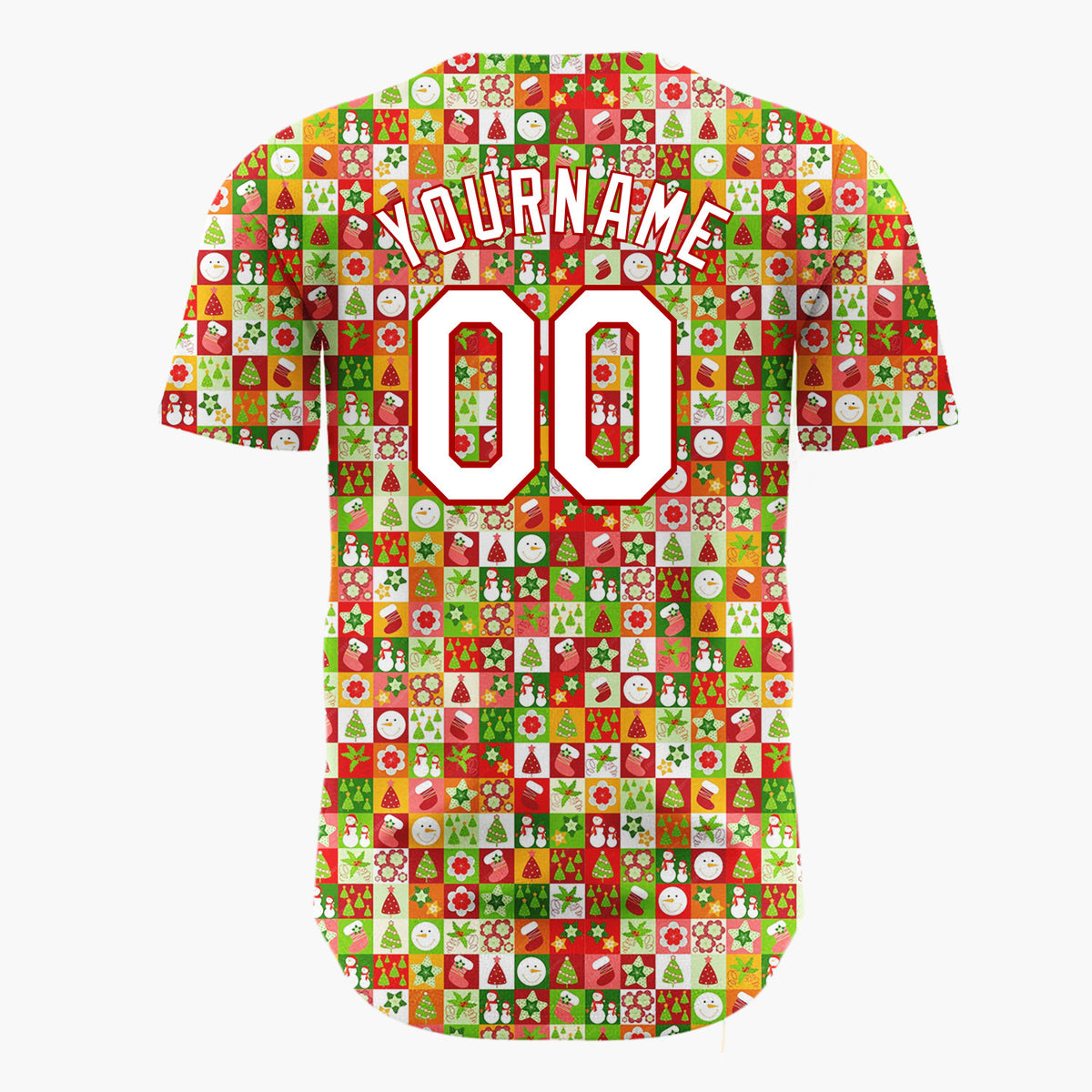 Custom Green Red White Snowmen Stars And Trees Christmas Stripe Collage Pattern Christmas Baseball Jersey
