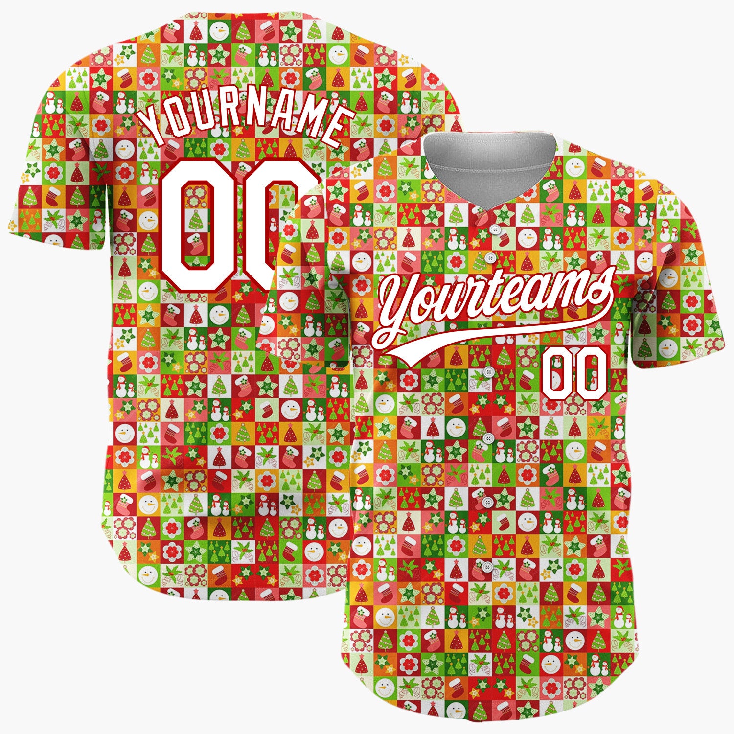 Custom Green Red White Snowmen Stars And Trees Christmas Stripe Collage Pattern Christmas Baseball Jersey