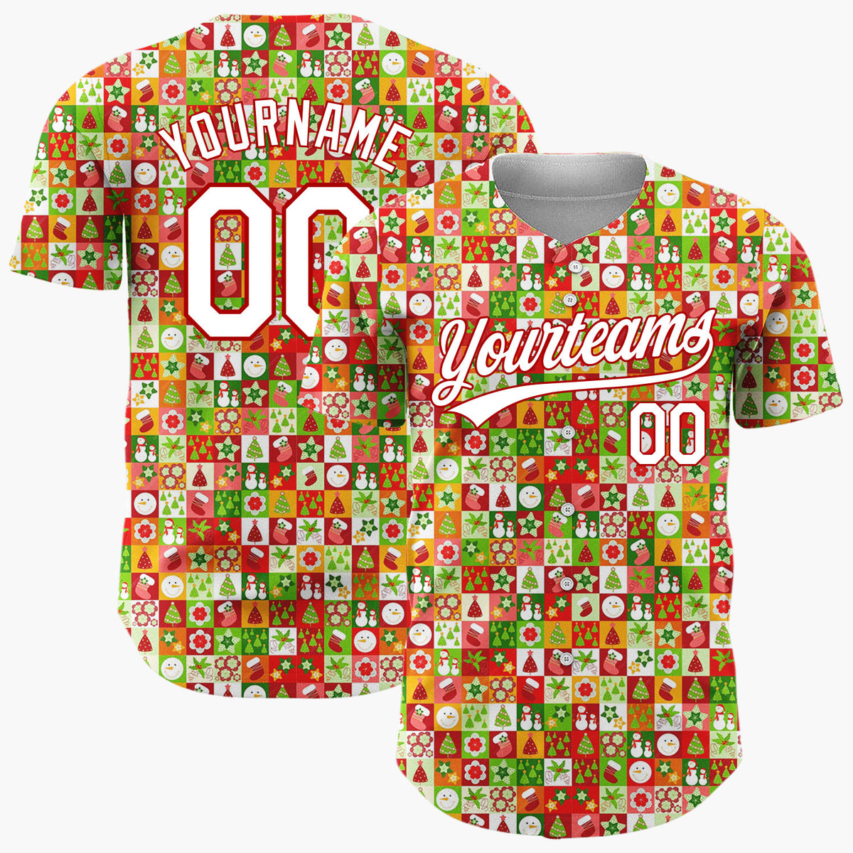 Custom Green Red White Snowmen Stars And Trees Christmas Stripe Collage Pattern Christmas Baseball Jersey