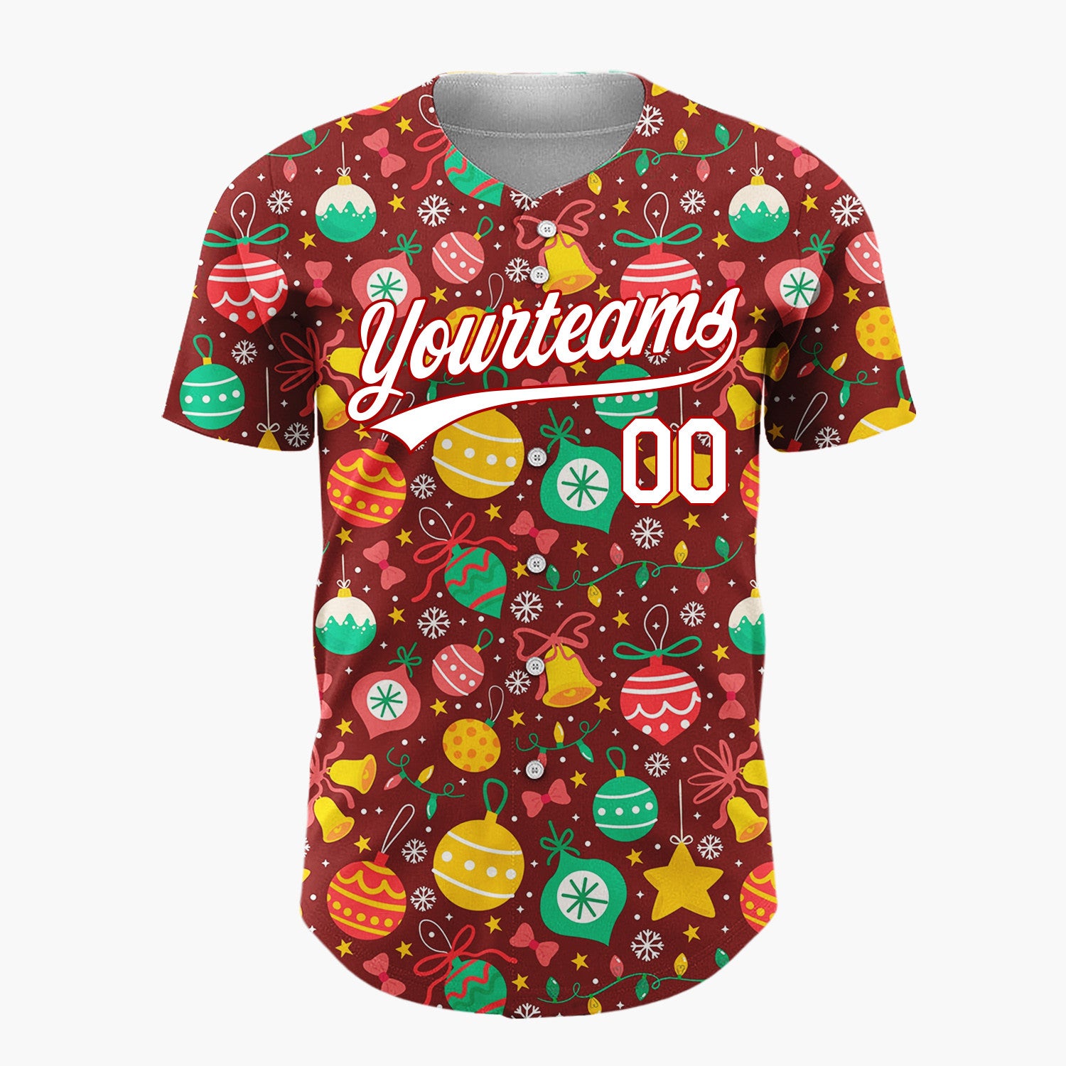 Custom Deep Red Green Yellow Ornaments And Stars Vibrant Festive Pattern Christmas Baseball Jersey