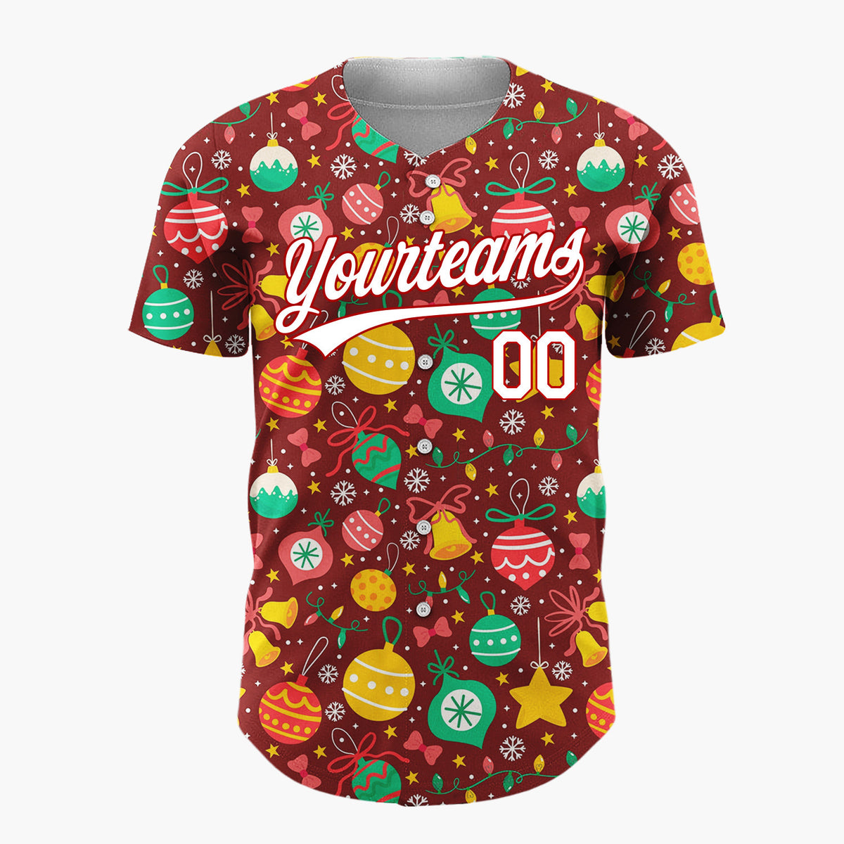 Custom Deep Red Green Yellow Ornaments And Stars Vibrant Festive Pattern Christmas Baseball Jersey