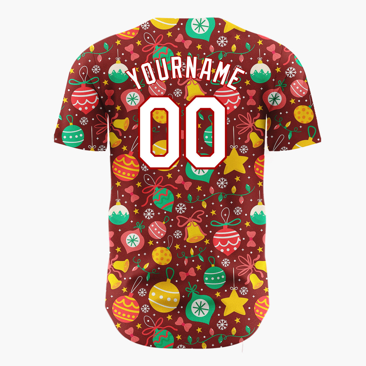 Custom Deep Red Green Yellow Ornaments And Stars Vibrant Festive Pattern Christmas Baseball Jersey