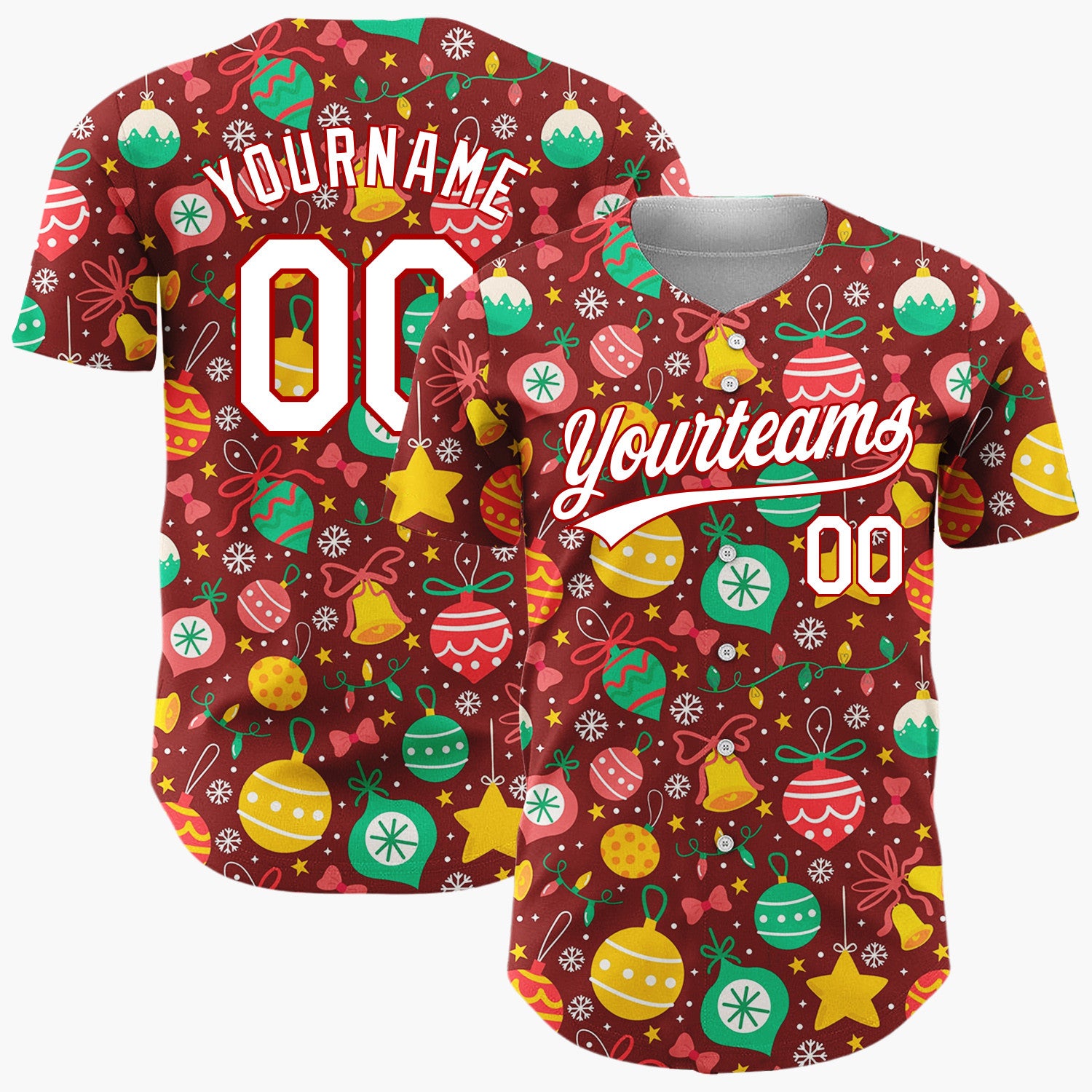 Custom Deep Red Green Yellow Ornaments And Stars Vibrant Festive Pattern Christmas Baseball Jersey