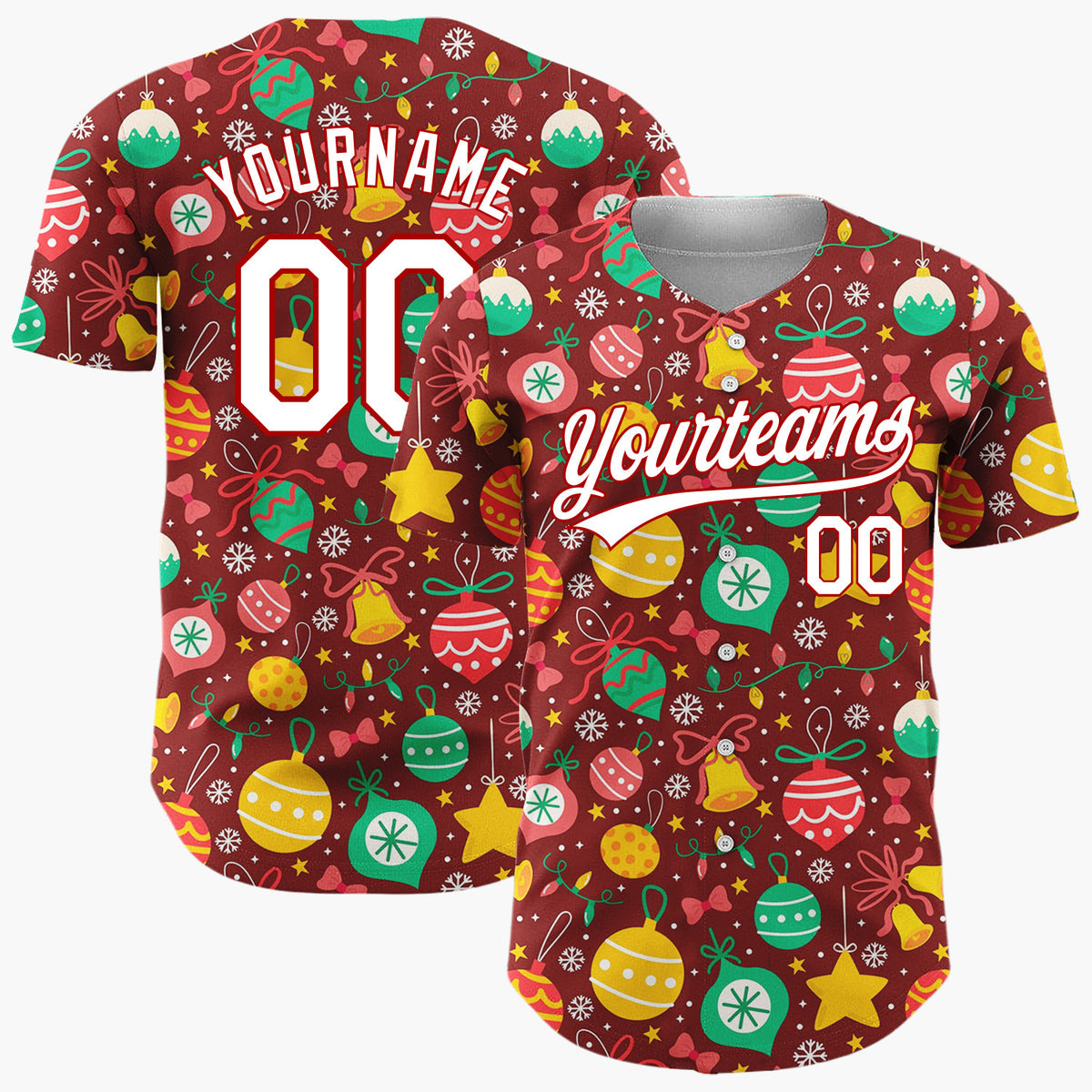 Custom Deep Red Green Yellow Ornaments And Stars Vibrant Festive Pattern Christmas Baseball Jersey