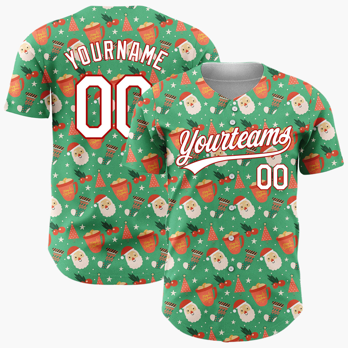 Custom Dark Green Santa Gift Boxes Abstract Cartoon Pattern Christmas Baseball Jersey