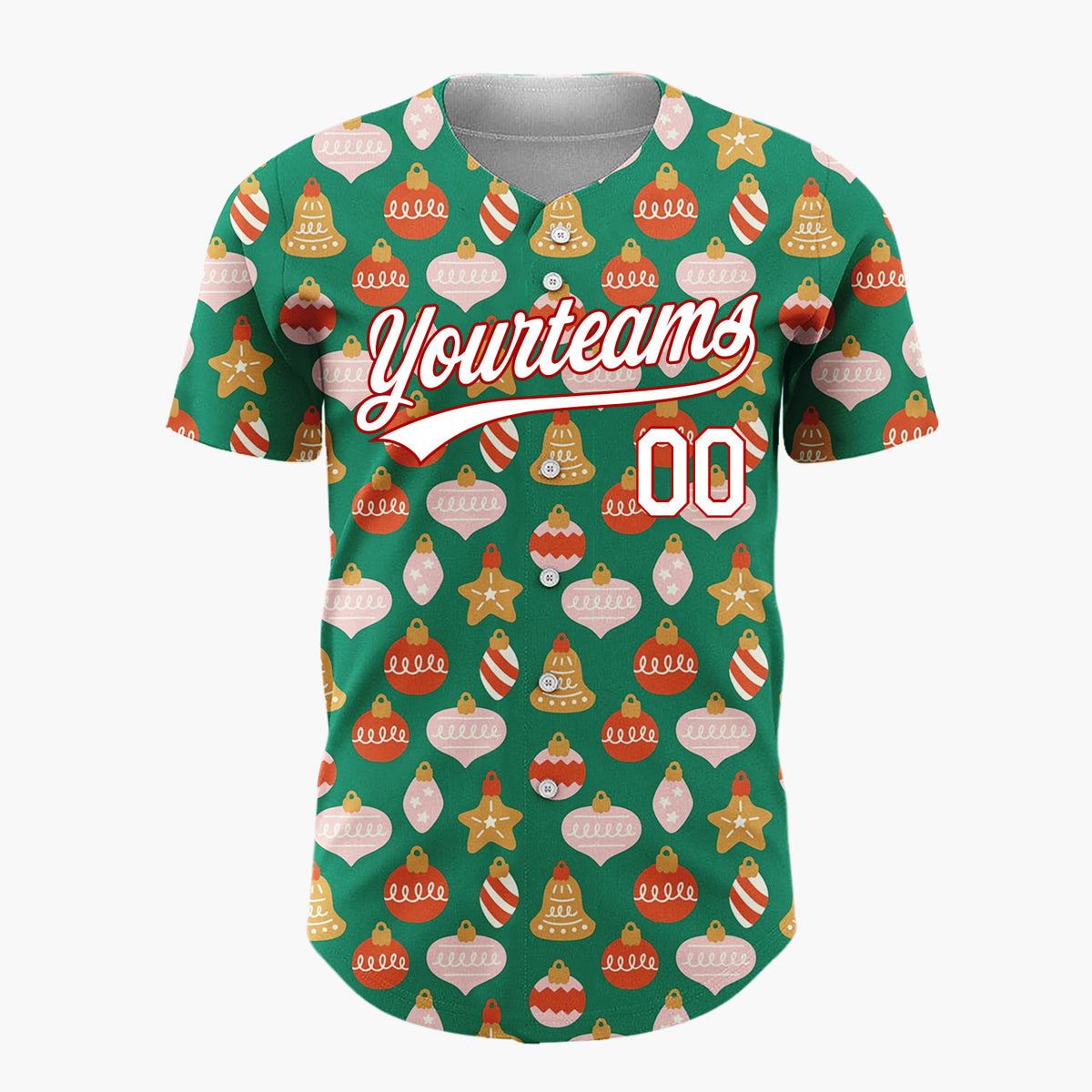 Custom Green Pink Gold Ornament Bell Star Abstract Pattern Christmas Baseball Jersey