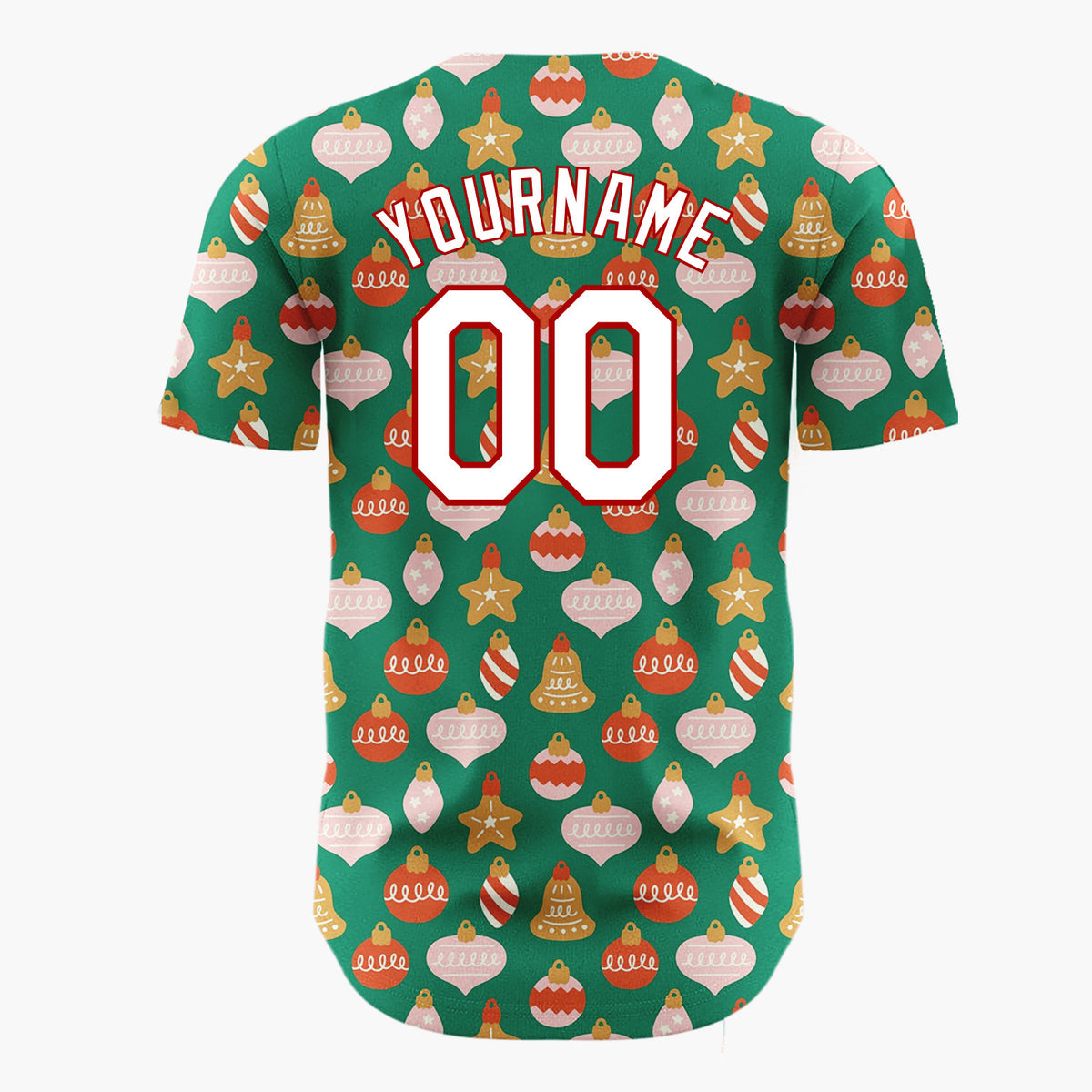 Custom Green Pink Gold Ornament Bell Star Abstract Pattern Christmas Baseball Jersey