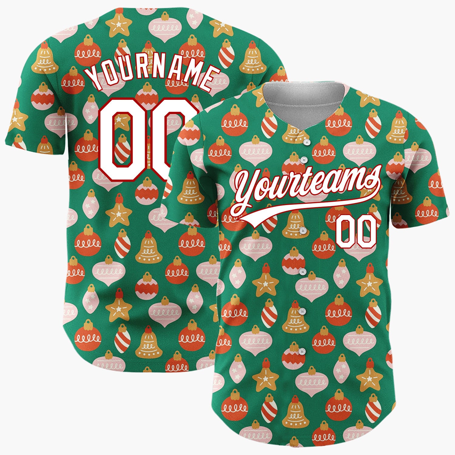Custom Green Pink Gold Ornament Bell Star Abstract Pattern Christmas Baseball Jersey
