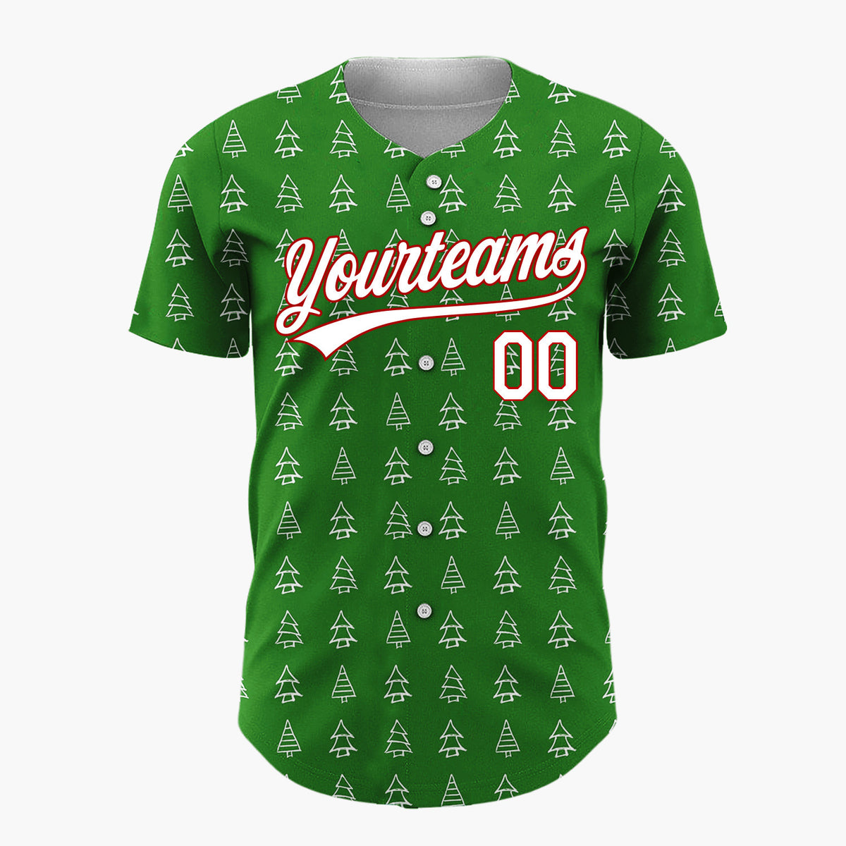 Custom Green White Doodle Christmas Trees Simple Line Patter Christmas Baseball Jersey