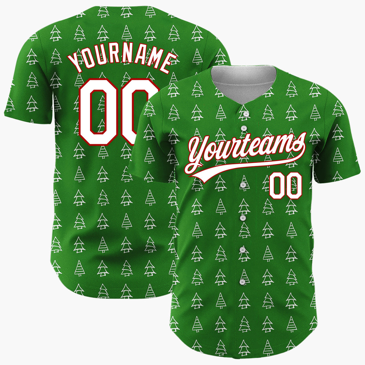 Custom Green White Doodle Christmas Trees Simple Line Patter Christmas Baseball Jersey