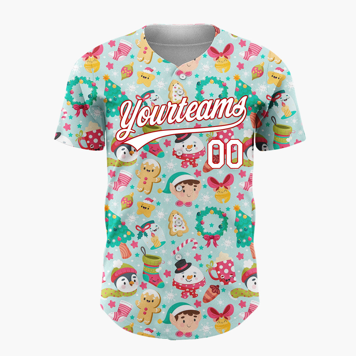 Custom Light Blue Green Red Elves Penguins And Gingerbread Cute Christmas Baseball Jersey
