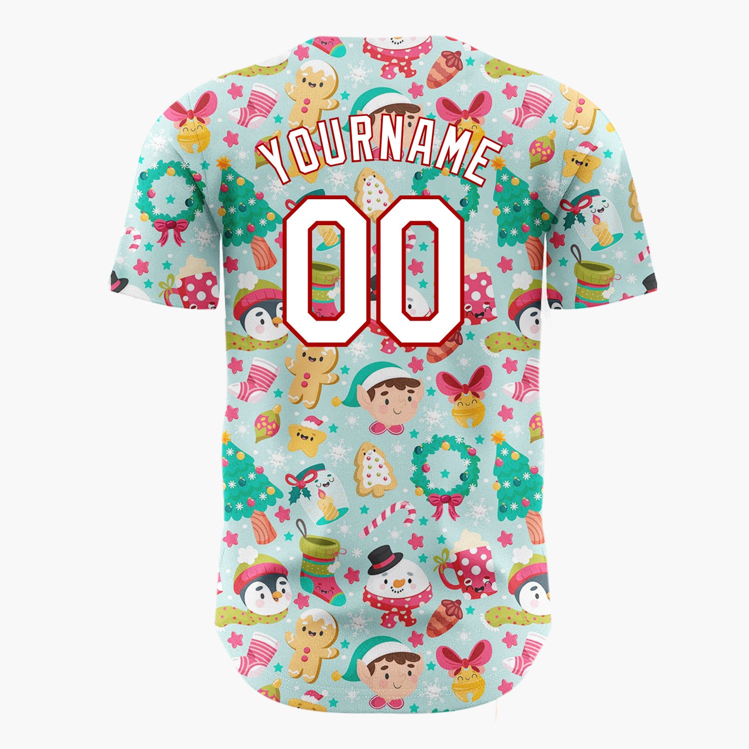 Custom Light Blue Green Red Elves Penguins And Gingerbread Cute Christmas Baseball Jersey