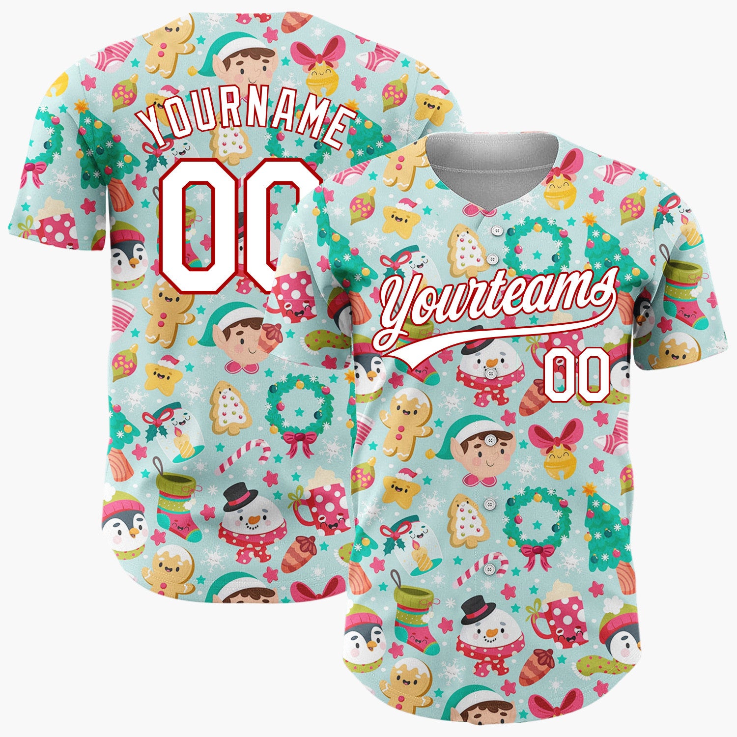 Custom Light Blue Green Red Elves Penguins And Gingerbread Cute Christmas Baseball Jersey