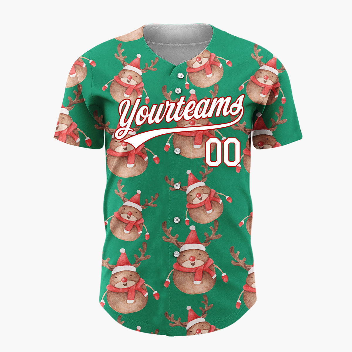 Custom Green Cute Reindeer Festive Watercolor Pattern Christmas Baseball Jersey