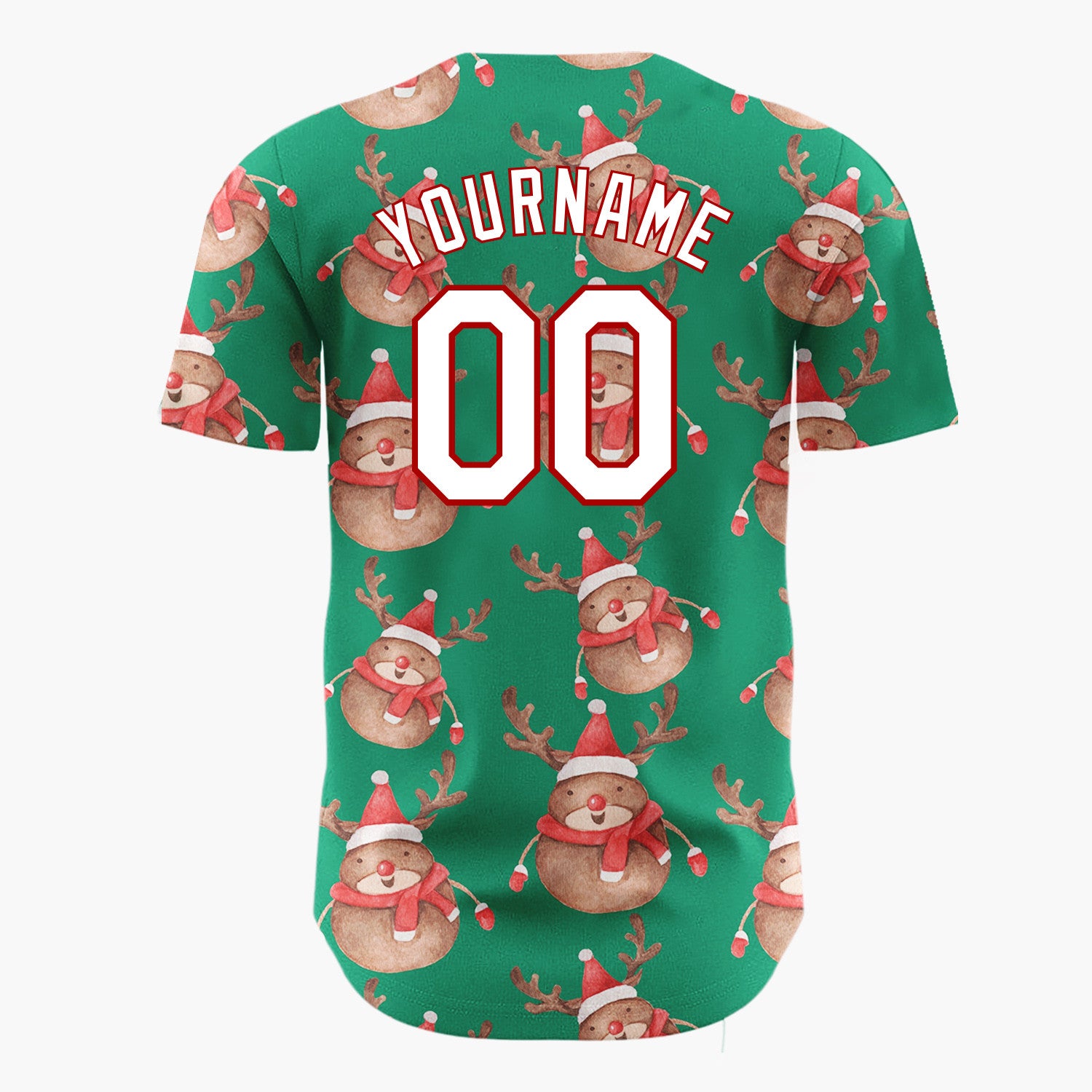 Custom Green Cute Reindeer Festive Watercolor Pattern Christmas Baseball Jersey