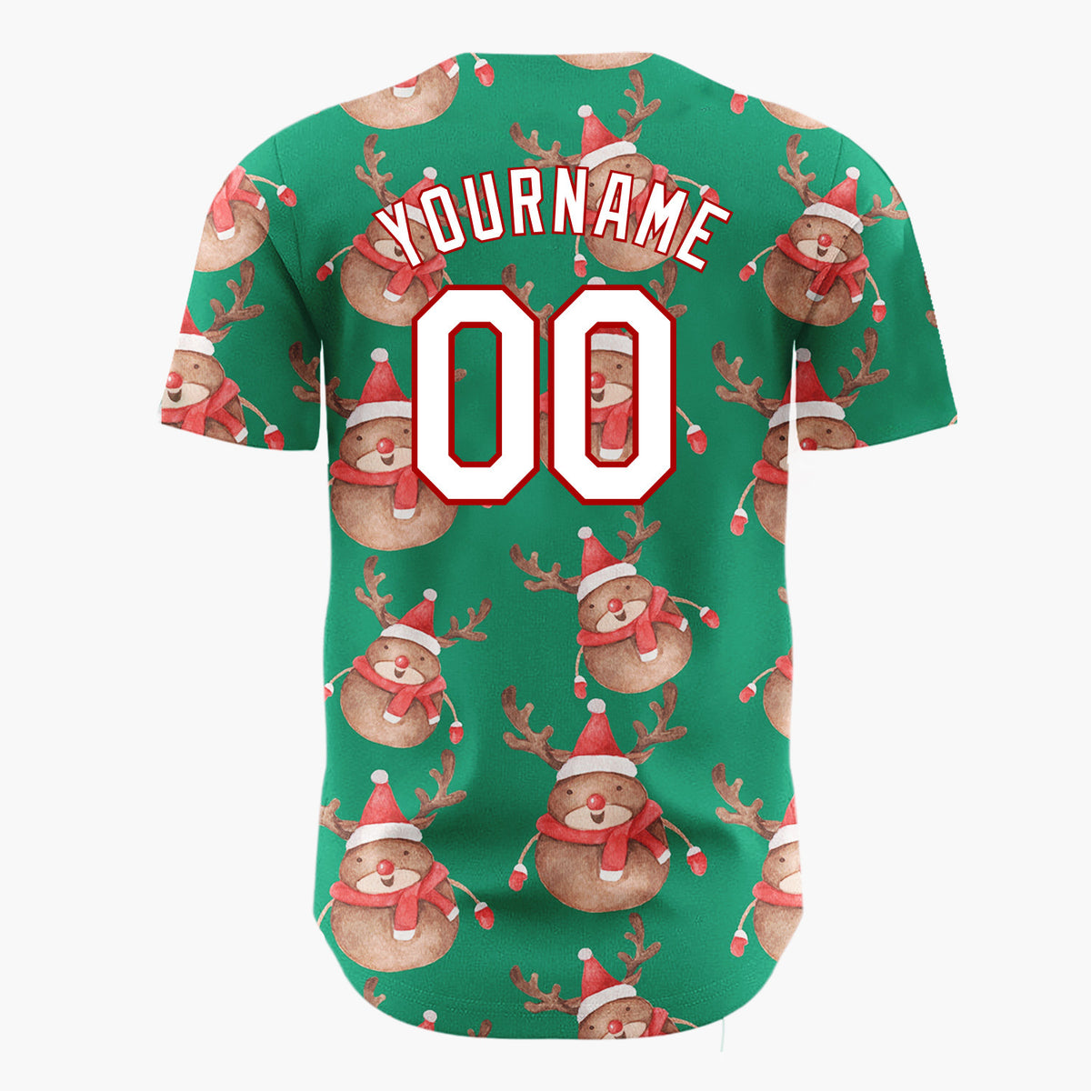 Custom Green Cute Reindeer Festive Watercolor Pattern Christmas Baseball Jersey
