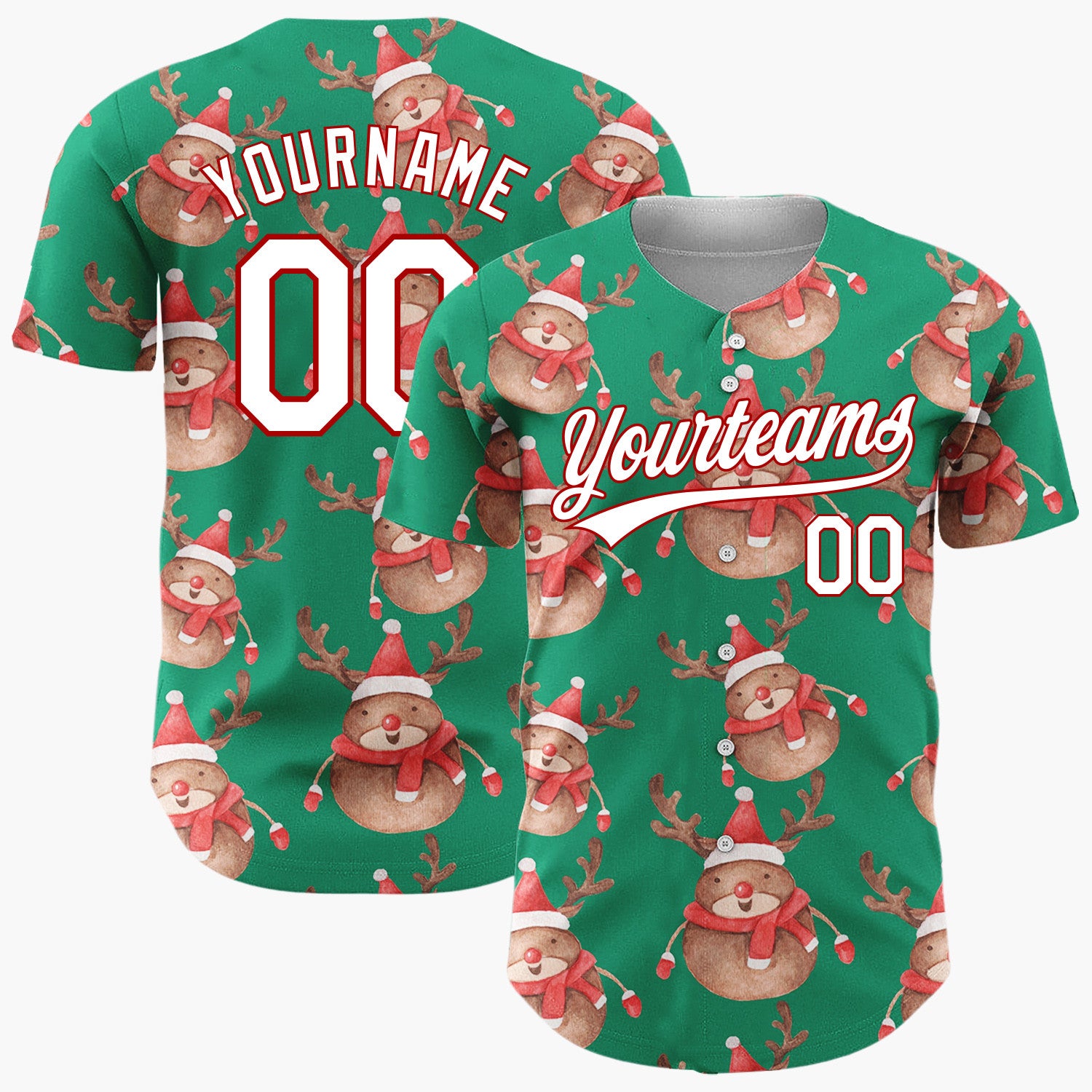 Custom Green Cute Reindeer Festive Watercolor Pattern Christmas Baseball Jersey