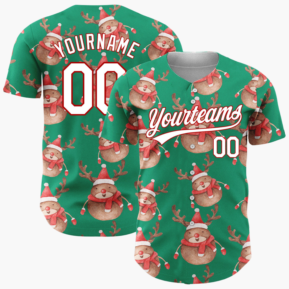 Custom Green Cute Reindeer Festive Watercolor Pattern Christmas Baseball Jersey