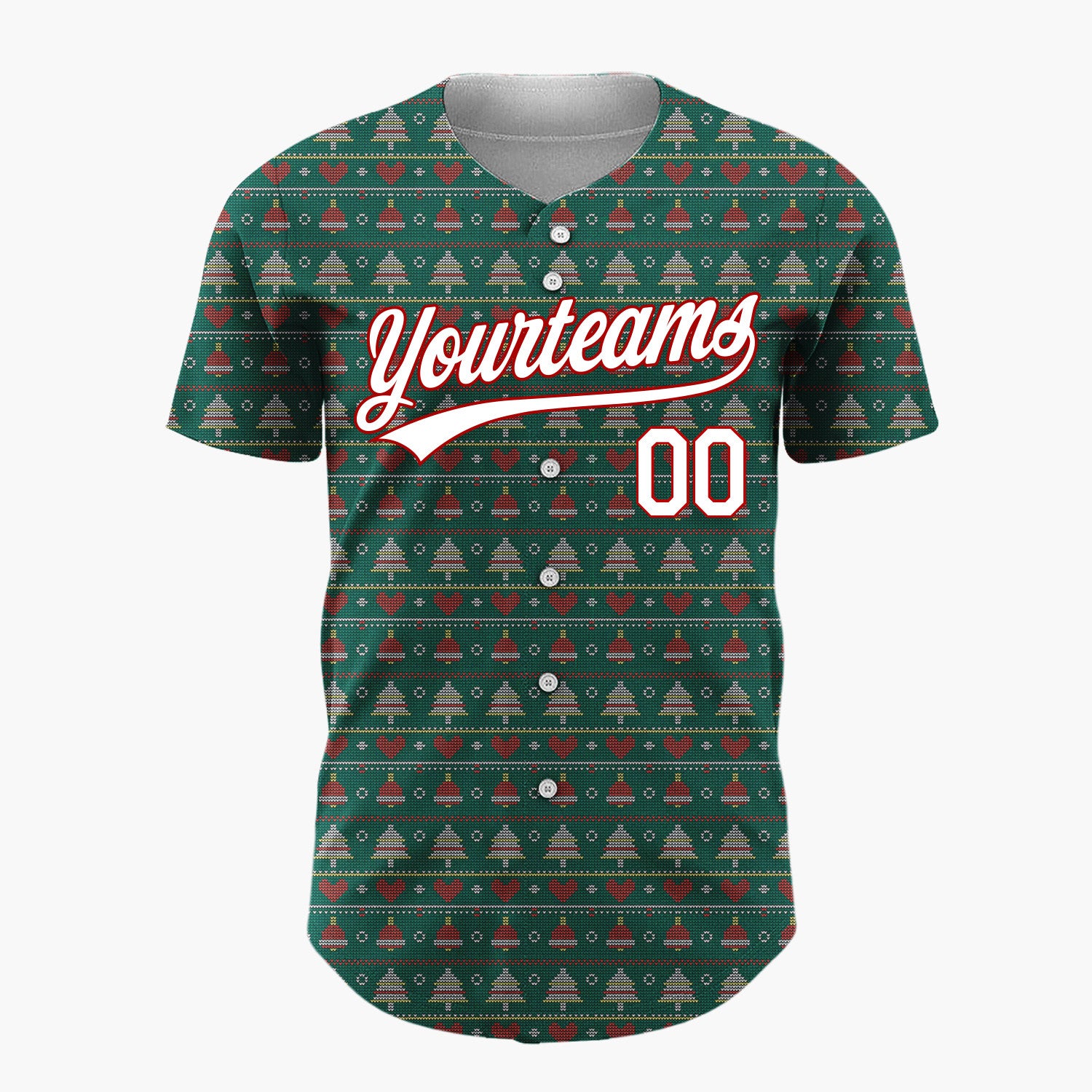 Custom Green Red Trees Hearts And Dots Christmas Knit Pattern Christmas Baseball Jersey