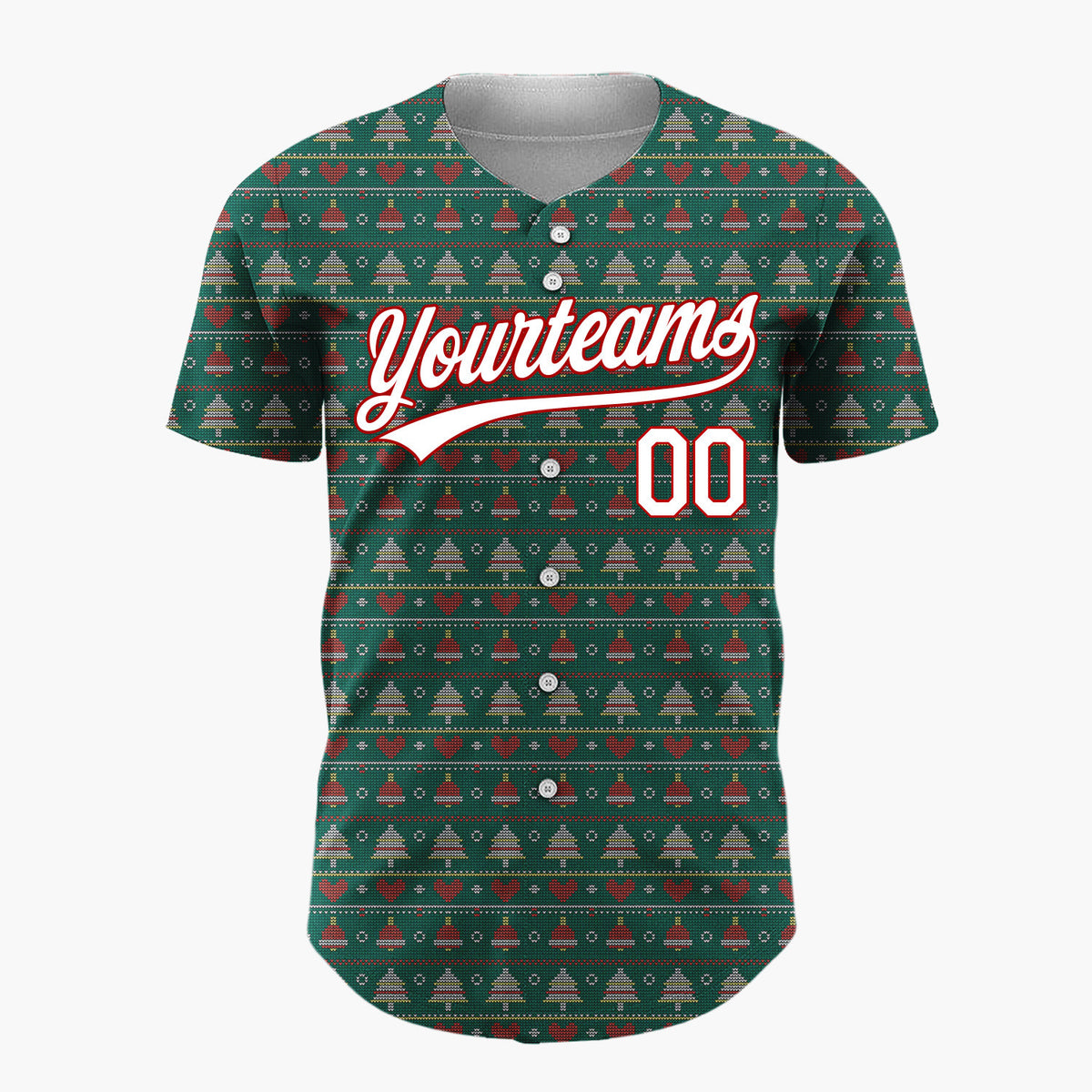 Custom Green Red Trees Hearts And Dots Christmas Knit Pattern Christmas Baseball Jersey