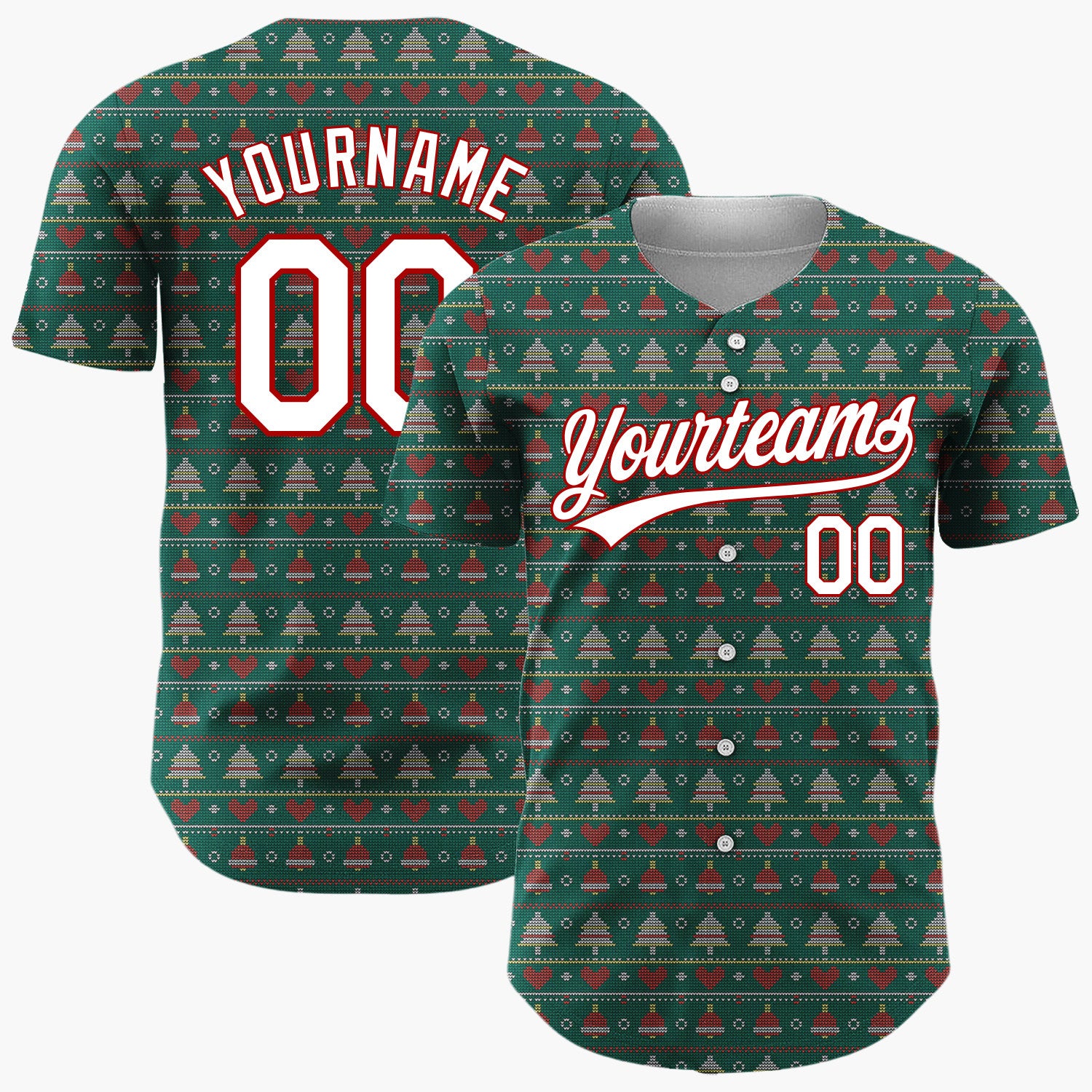 Custom Green Red Trees Hearts And Dots Christmas Knit Pattern Christmas Baseball Jersey