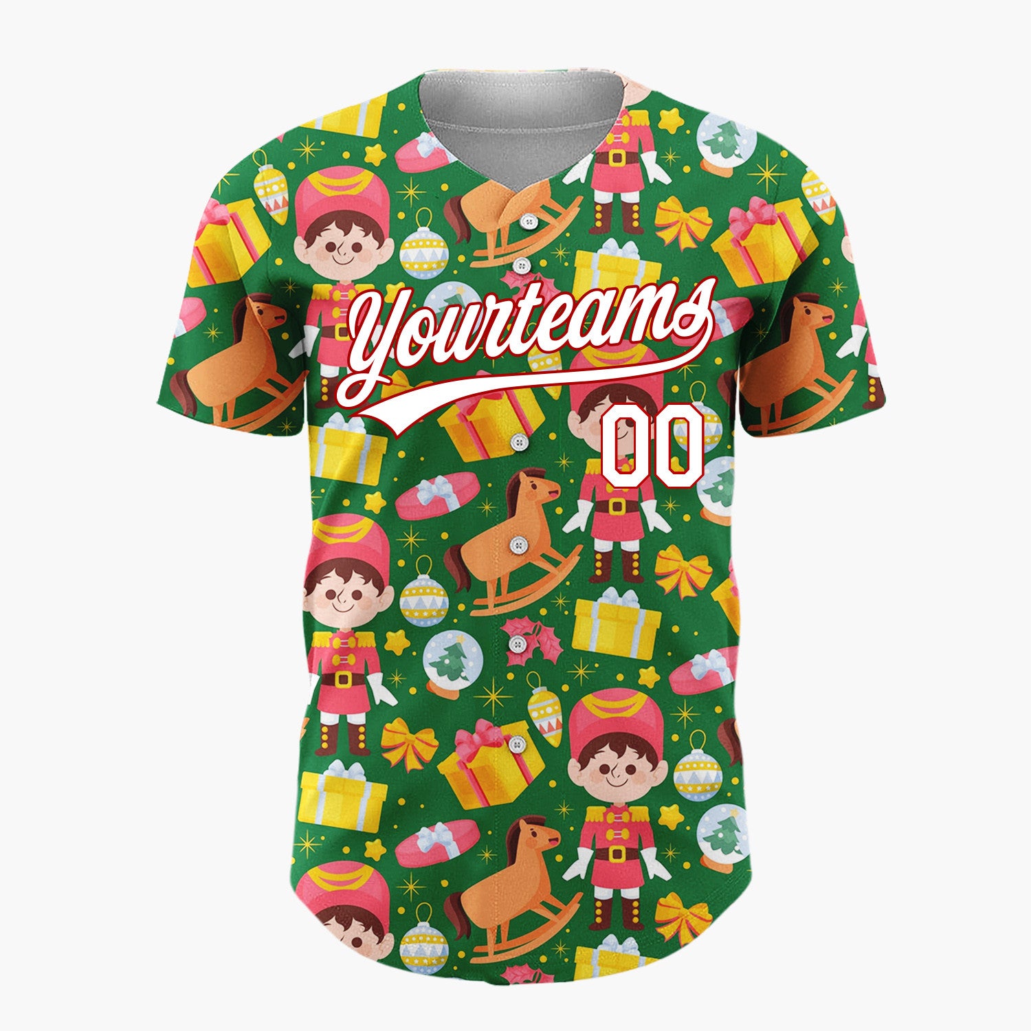 Custom Green Red Toy Soldiers Rocking Horses And Gifts Christmas Toy Pattern Christmas Baseball Jersey