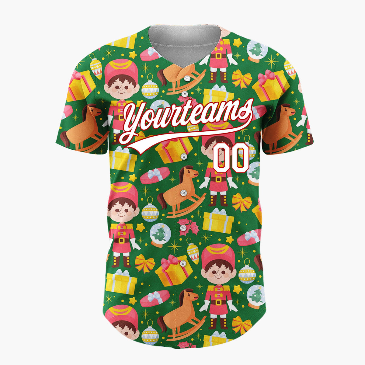 Custom Green Red Toy Soldiers Rocking Horses And Gifts Christmas Toy Pattern Christmas Baseball Jersey