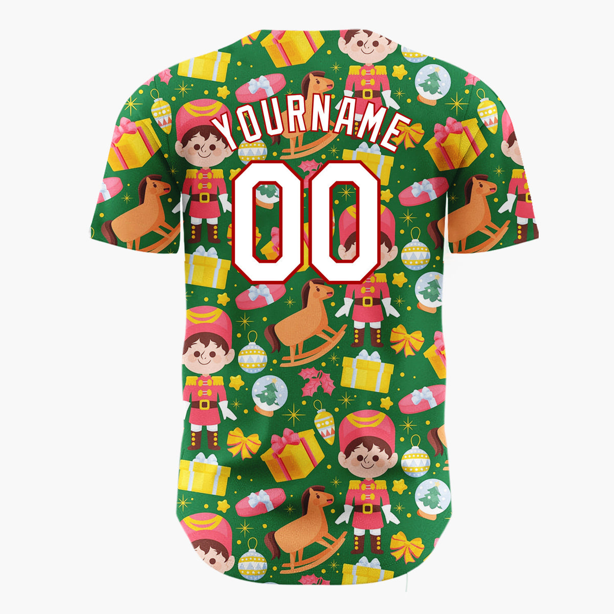 Custom Green Red Toy Soldiers Rocking Horses And Gifts Christmas Toy Pattern Christmas Baseball Jersey