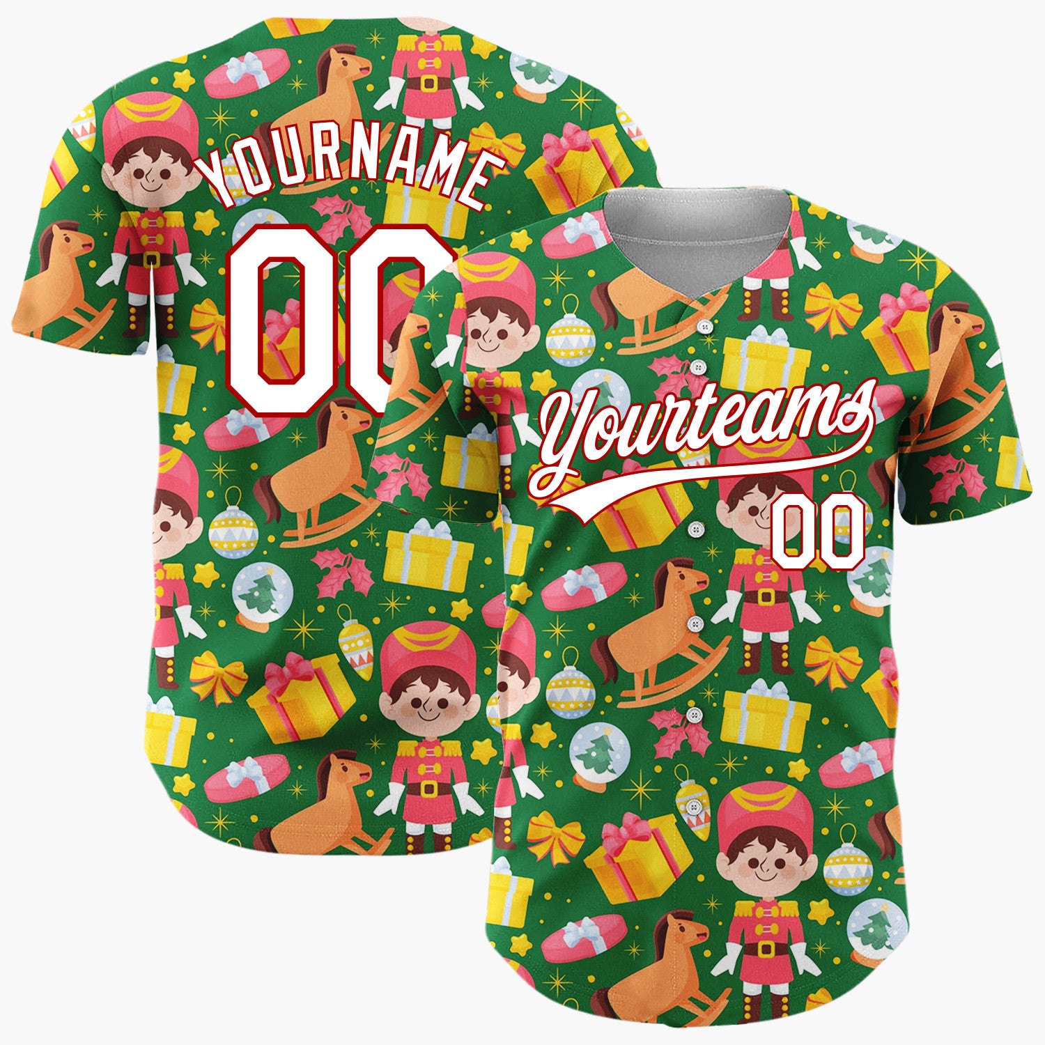 Custom Green Red Toy Soldiers Rocking Horses And Gifts Christmas Toy Pattern Christmas Baseball Jersey