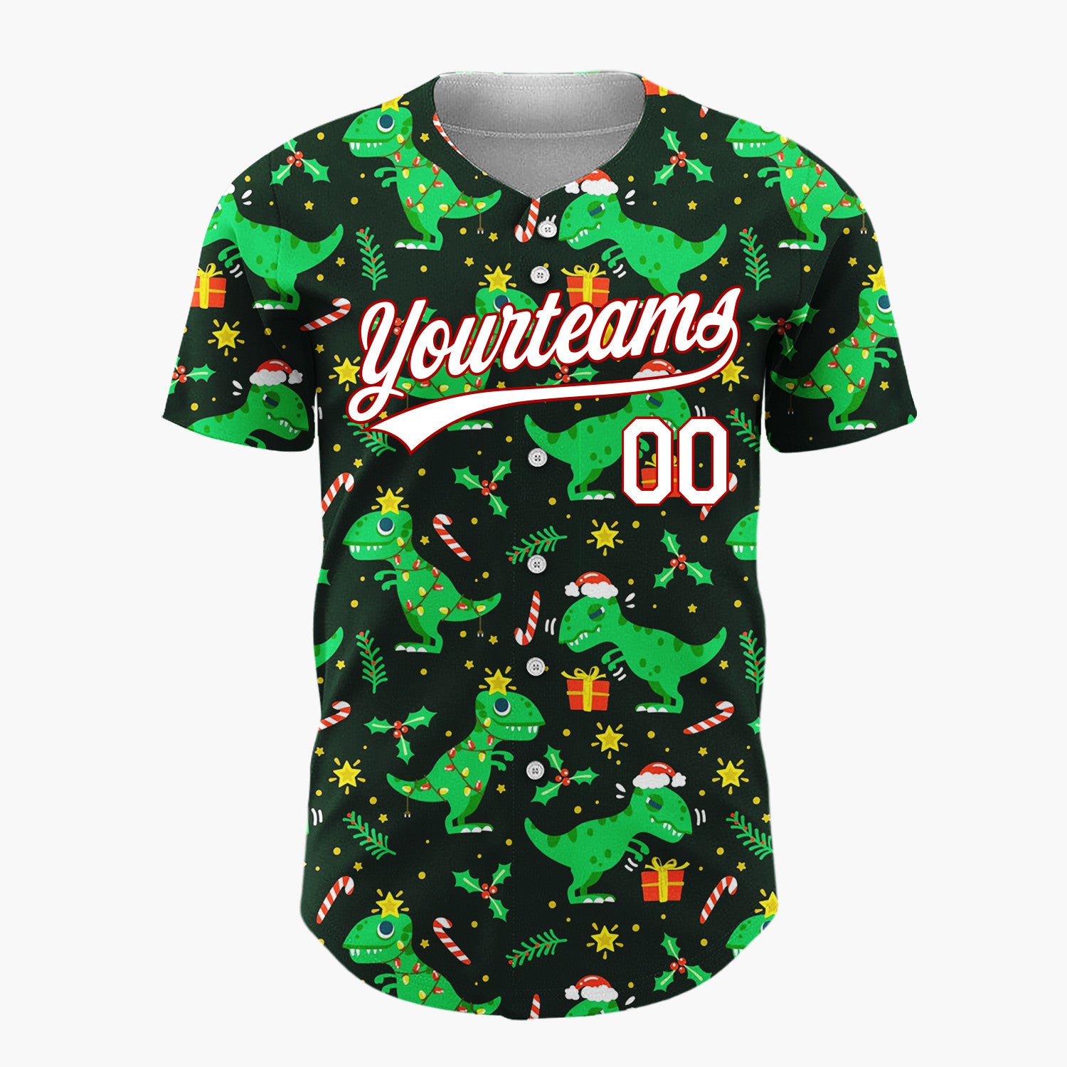 Custom Dark Green T Rex Dinosaurs Gifts And Candy Canes Funny Christmas Baseball Jersey