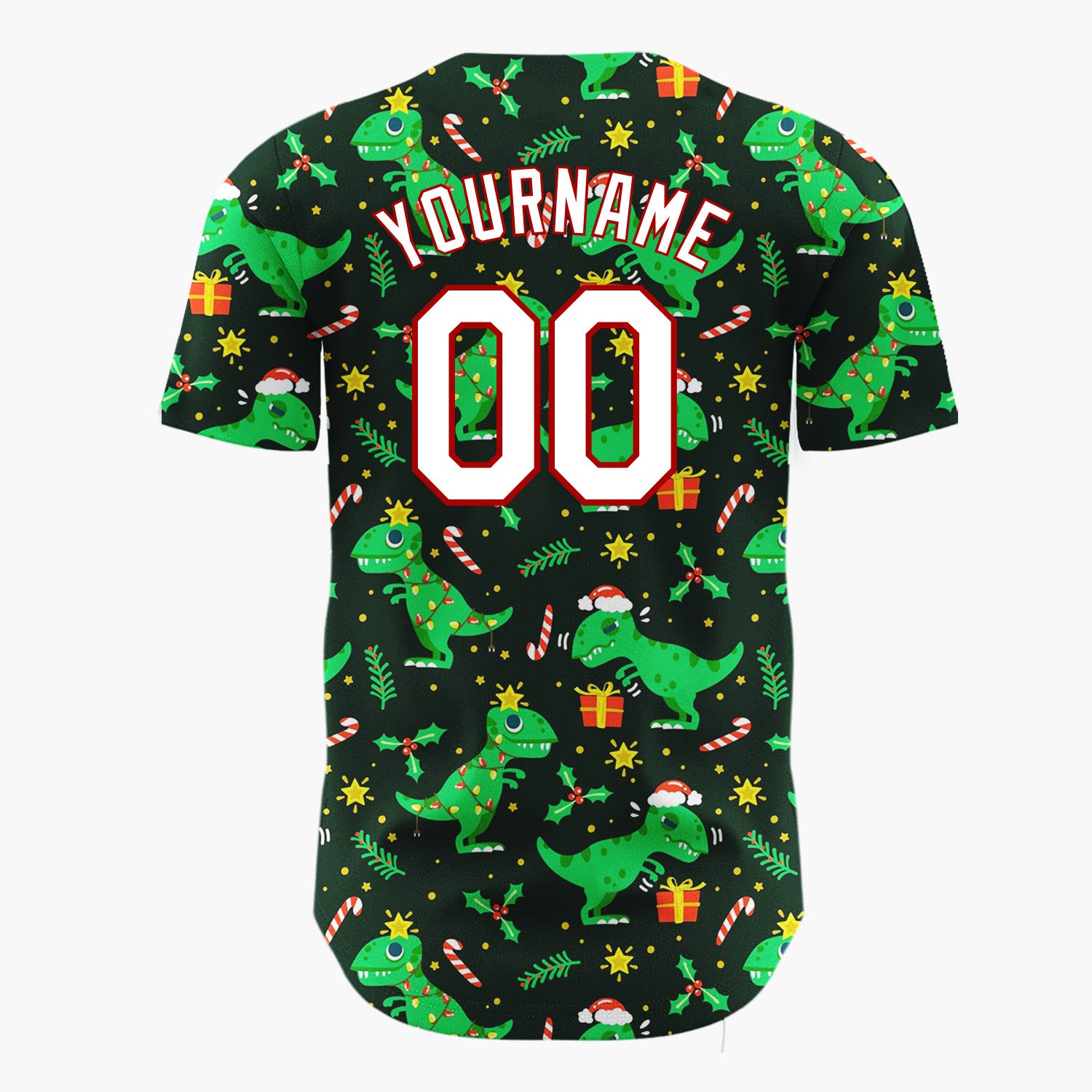 Custom Dark Green T Rex Dinosaurs Gifts And Candy Canes Funny Christmas Baseball Jersey