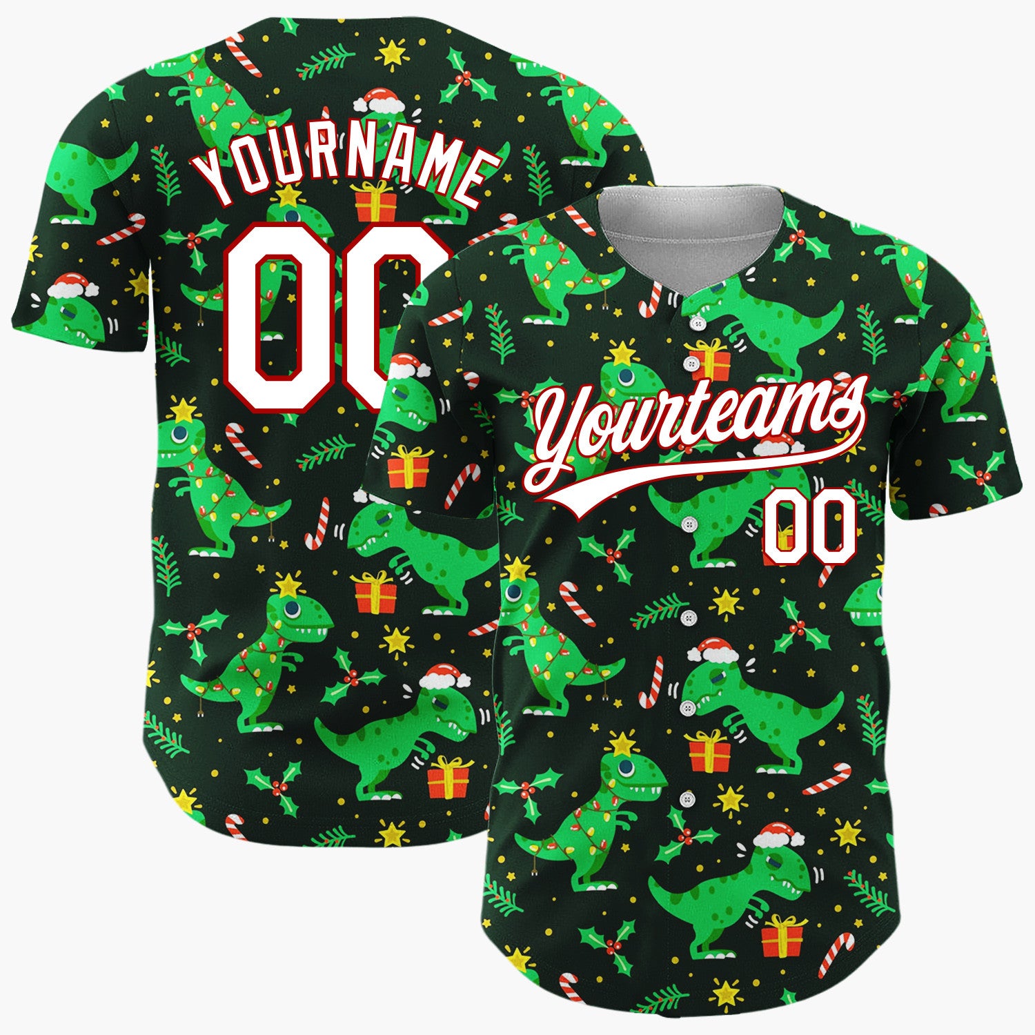 Custom Dark Green T Rex Dinosaurs Gifts And Candy Canes Funny Christmas Baseball Jersey