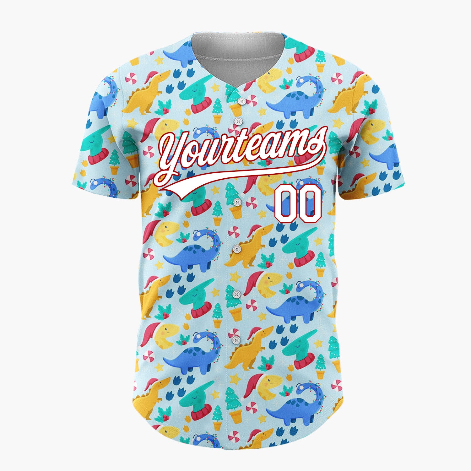 Custom Light Blue Festive Dinosaur Christmas Cute Pattern Christmas Baseball Jersey