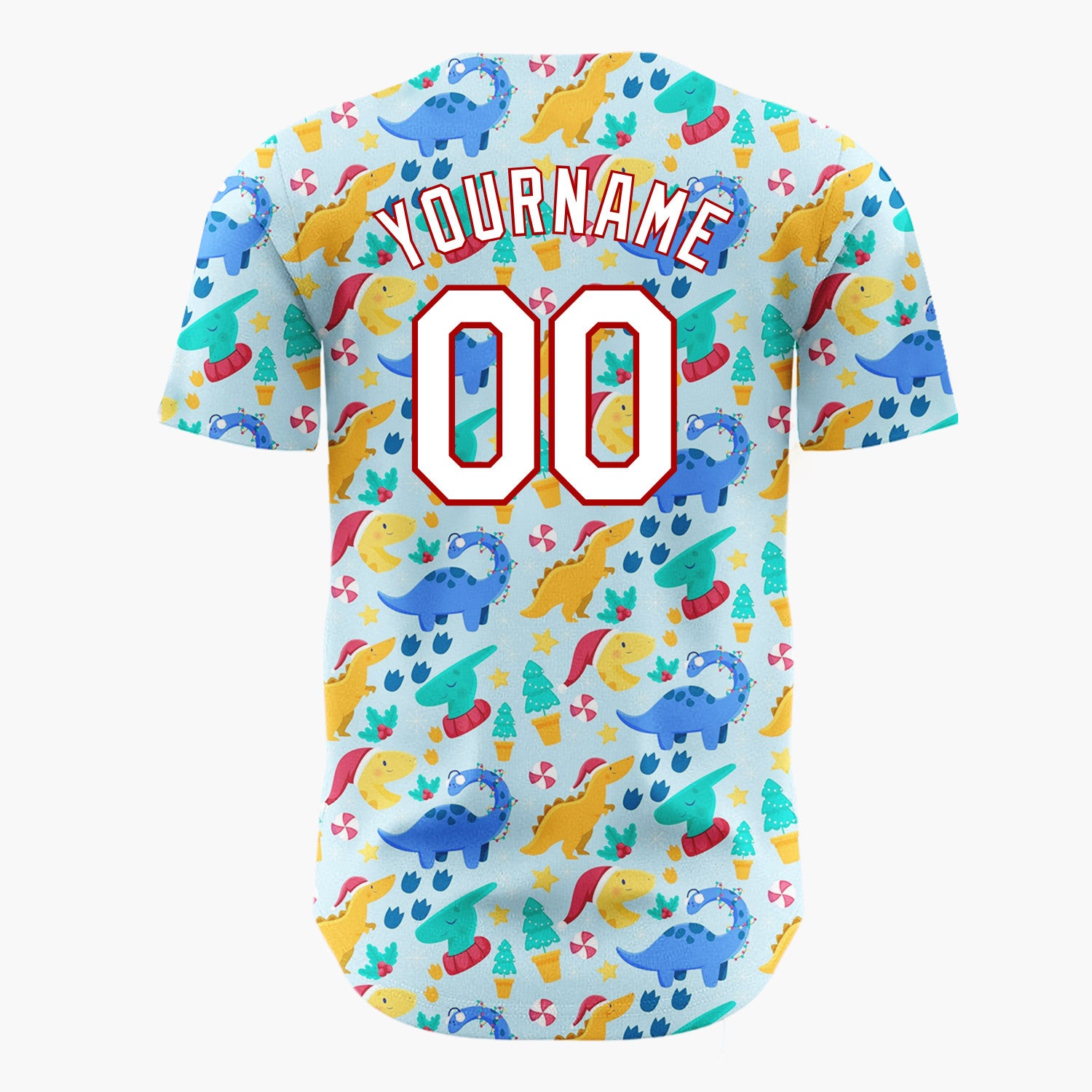 Custom Light Blue Festive Dinosaur Christmas Cute Pattern Christmas Baseball Jersey