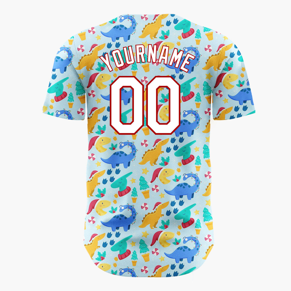 Custom Light Blue Festive Dinosaur Christmas Cute Pattern Christmas Baseball Jersey