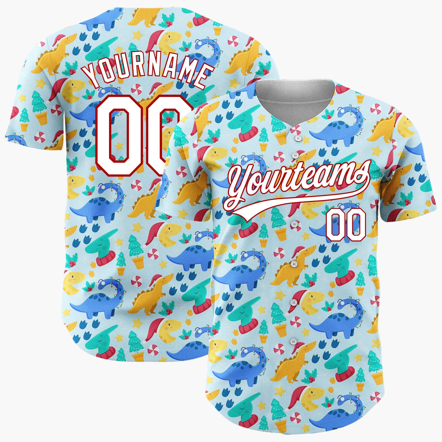 Custom Light Blue Festive Dinosaur Christmas Cute Pattern Christmas Baseball Jersey