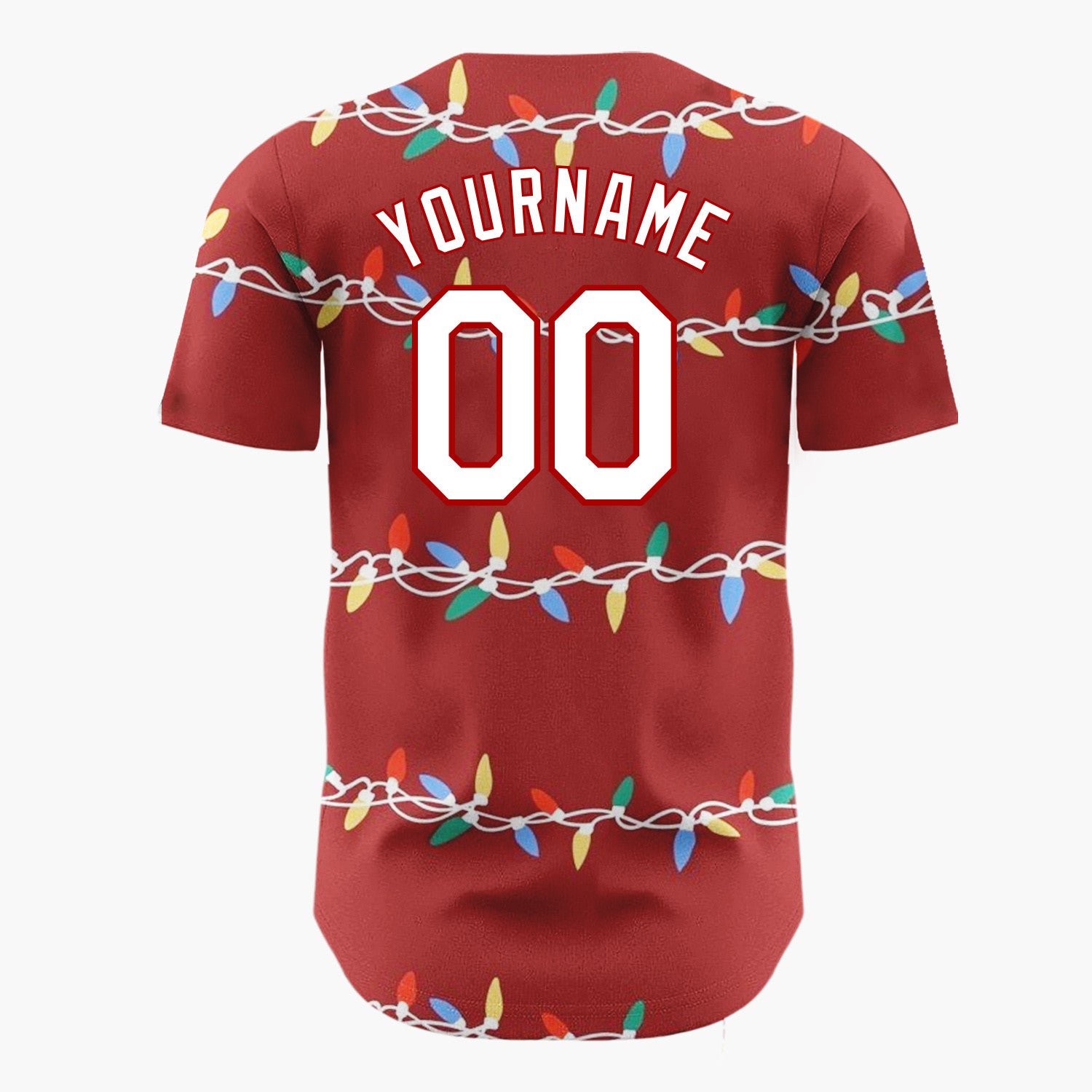 Custom Dark Red Christmas Lights Colorful Cartoon Pattern Christmas Baseball Jersey