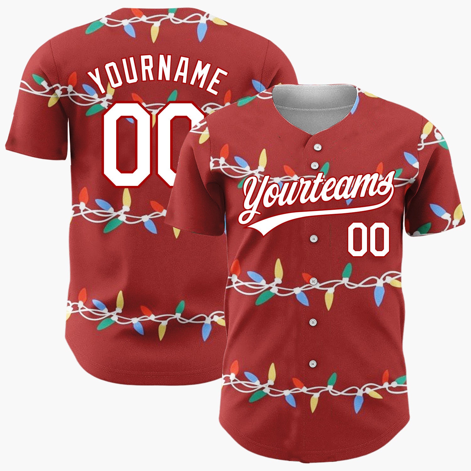 Custom Dark Red Christmas Lights Colorful Cartoon Pattern Christmas Baseball Jersey