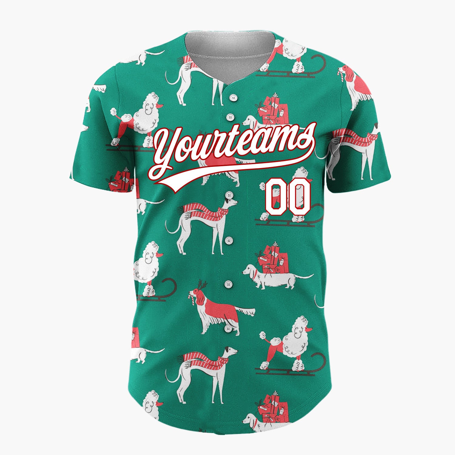 Custom Green Red Dogs With Gifts And Scarves Vintage Christmas Sled Pattern Christmas Baseball Jersey
