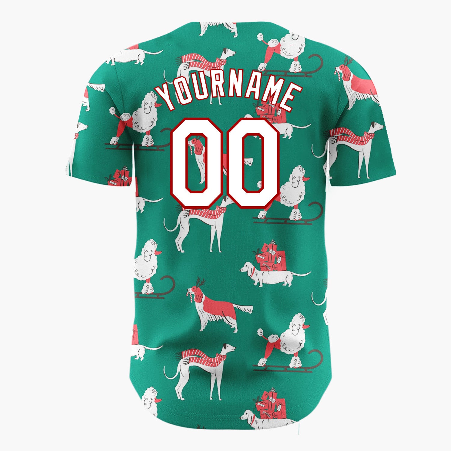 Custom Green Red Dogs With Gifts And Scarves Vintage Christmas Sled Pattern Christmas Baseball Jersey
