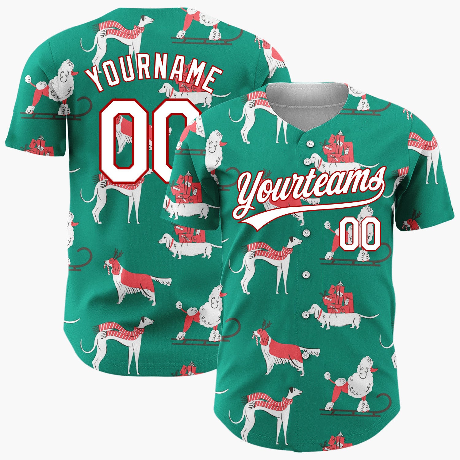 Custom Green Red Dogs With Gifts And Scarves Vintage Christmas Sled Pattern Christmas Baseball Jersey