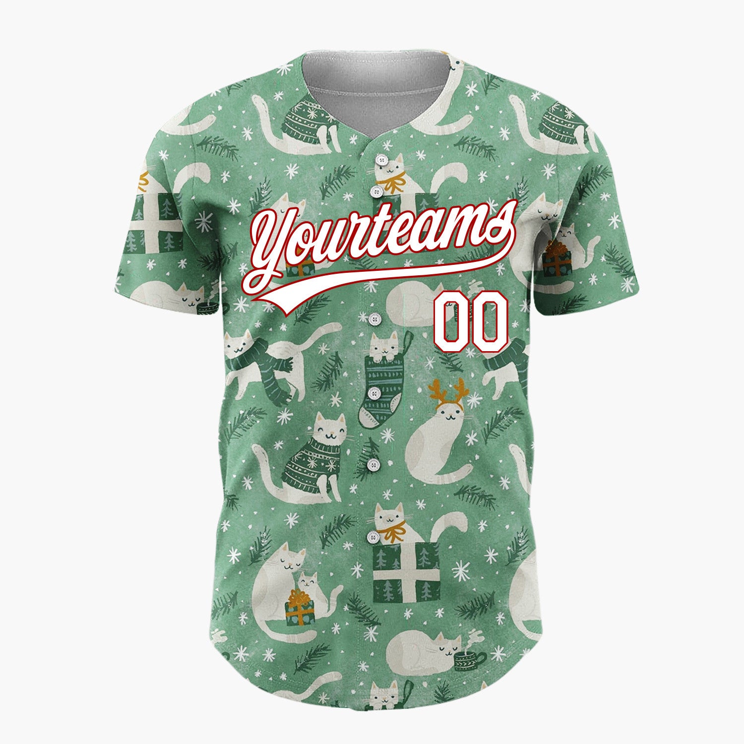 Custom Green Cats Christmas Whimsical Cartoon Pattern Christmas Baseball Jersey