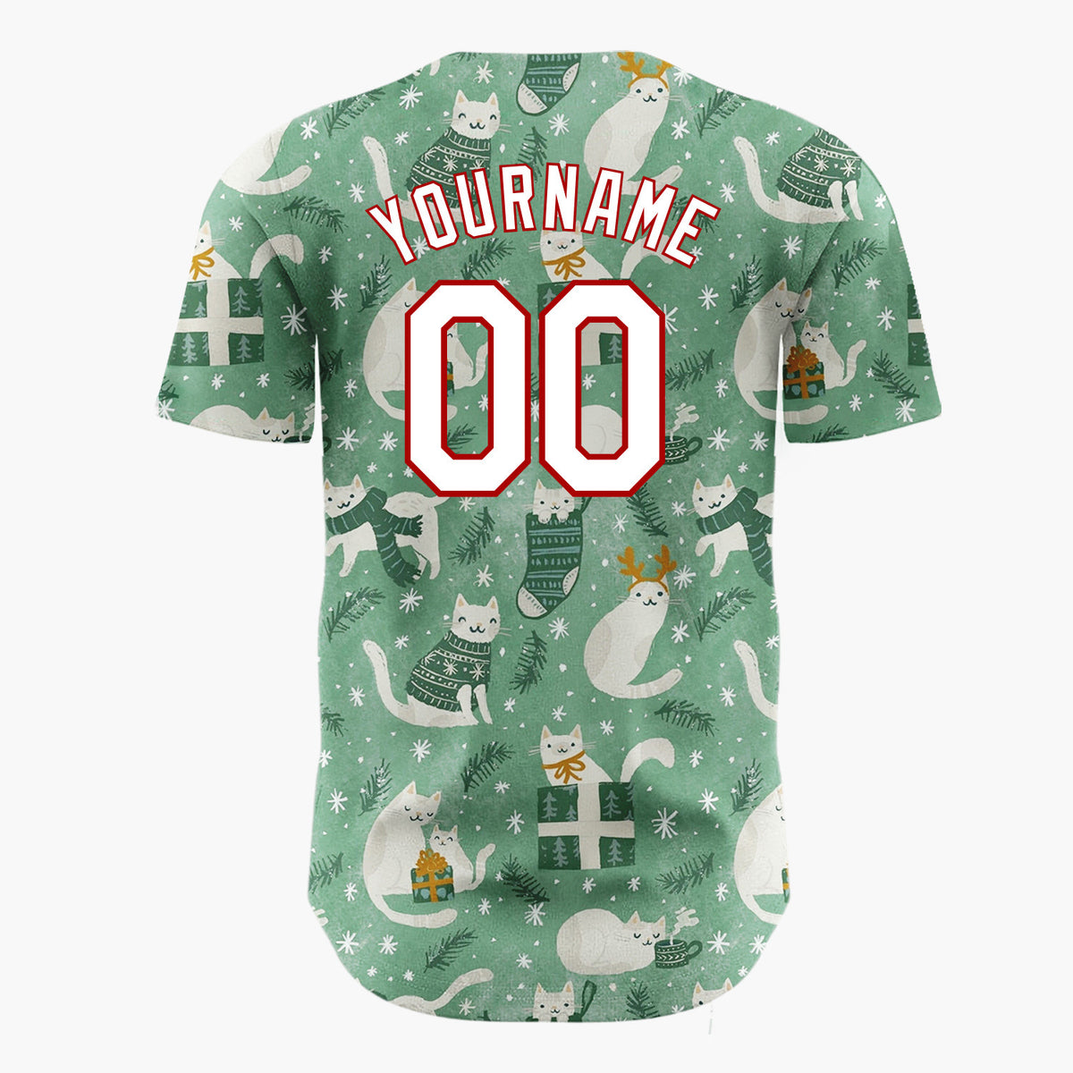 Custom Green Cats Christmas Whimsical Cartoon Pattern Christmas Baseball Jersey
