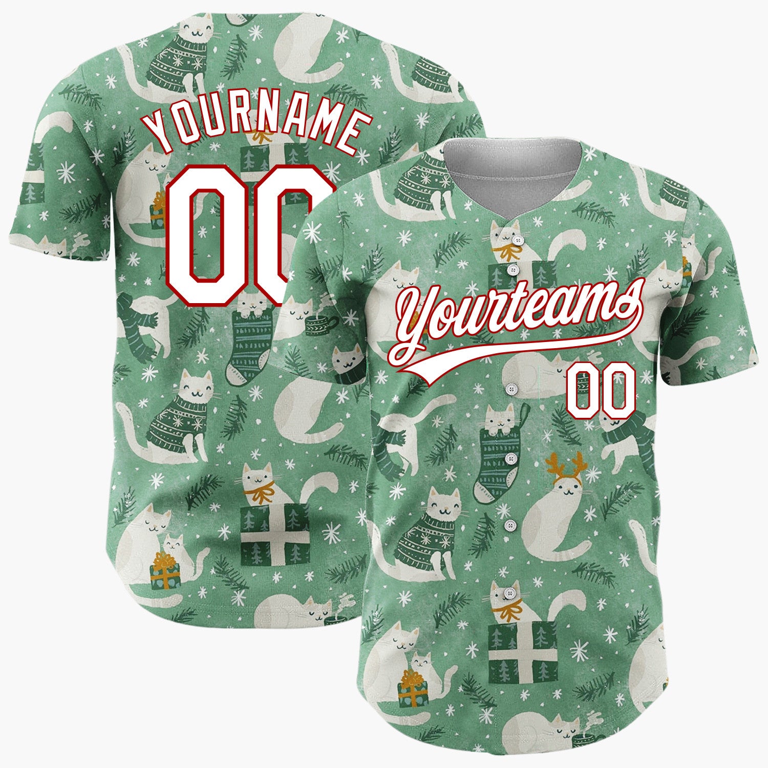 Custom Green Cats Christmas Whimsical Cartoon Pattern Christmas Baseball Jersey