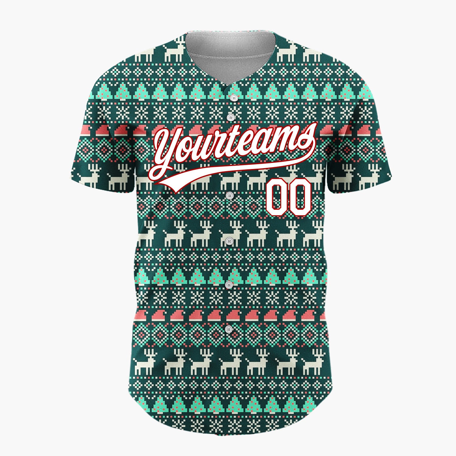 Custom Dark Green Reindeer Trees And Snowflakes Nordic Fair Isle Christmas Baseball Jersey