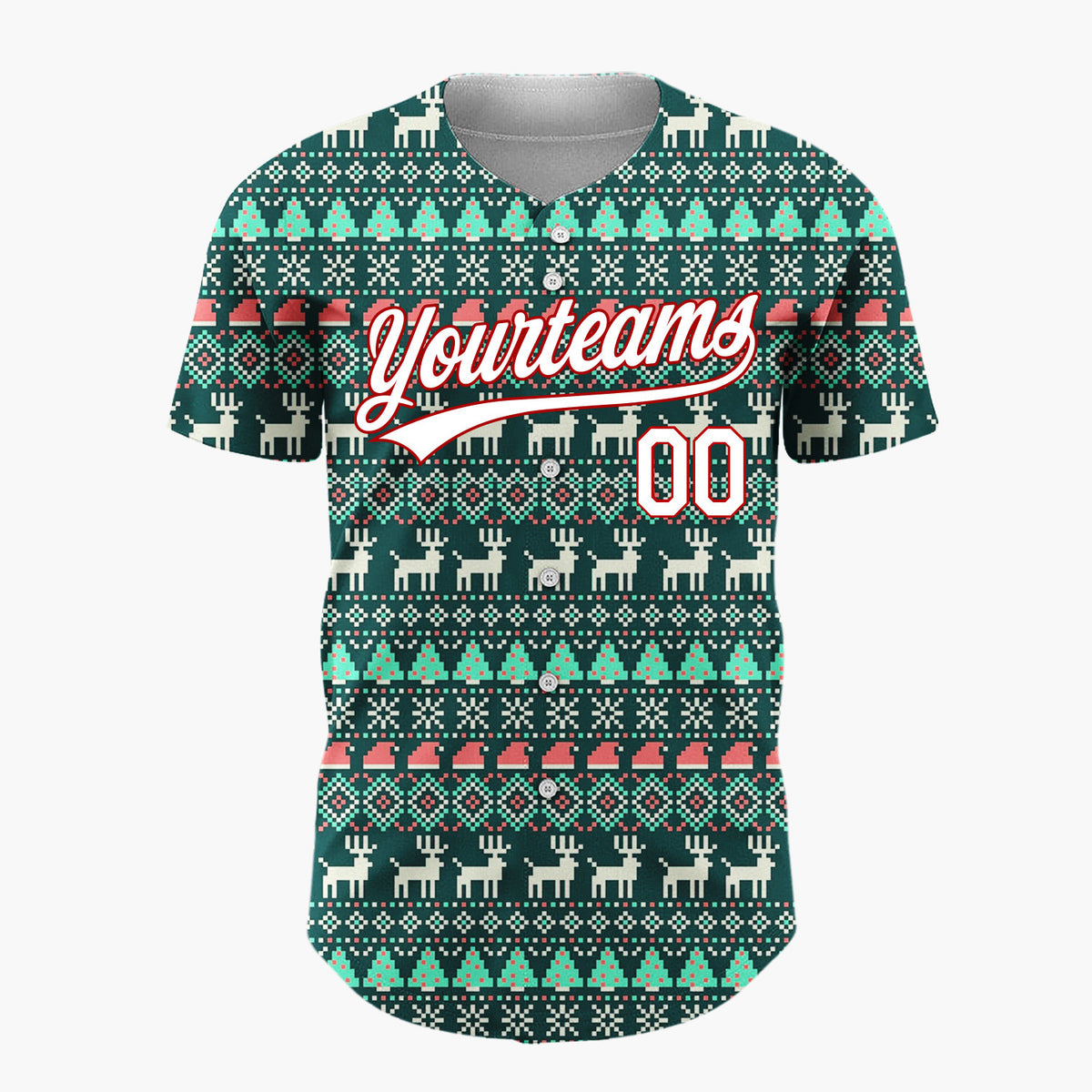 Custom Dark Green Reindeer Trees And Snowflakes Nordic Fair Isle Christmas Baseball Jersey